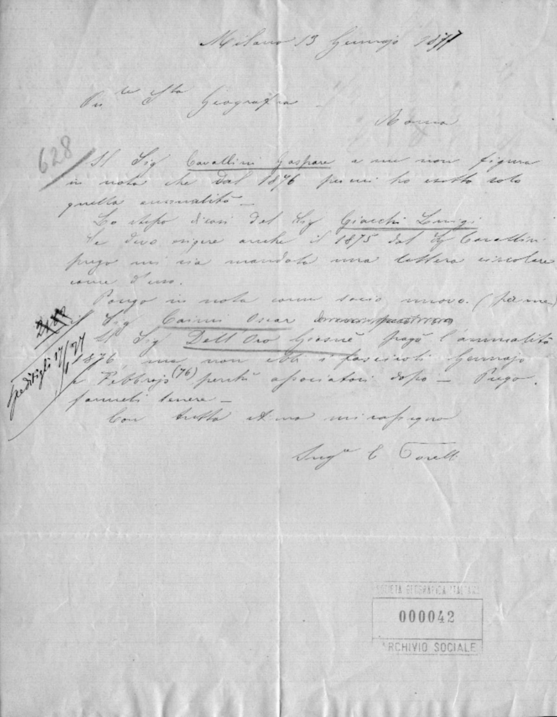 Enea Torelli a Società geografica italiana 13.1.1877