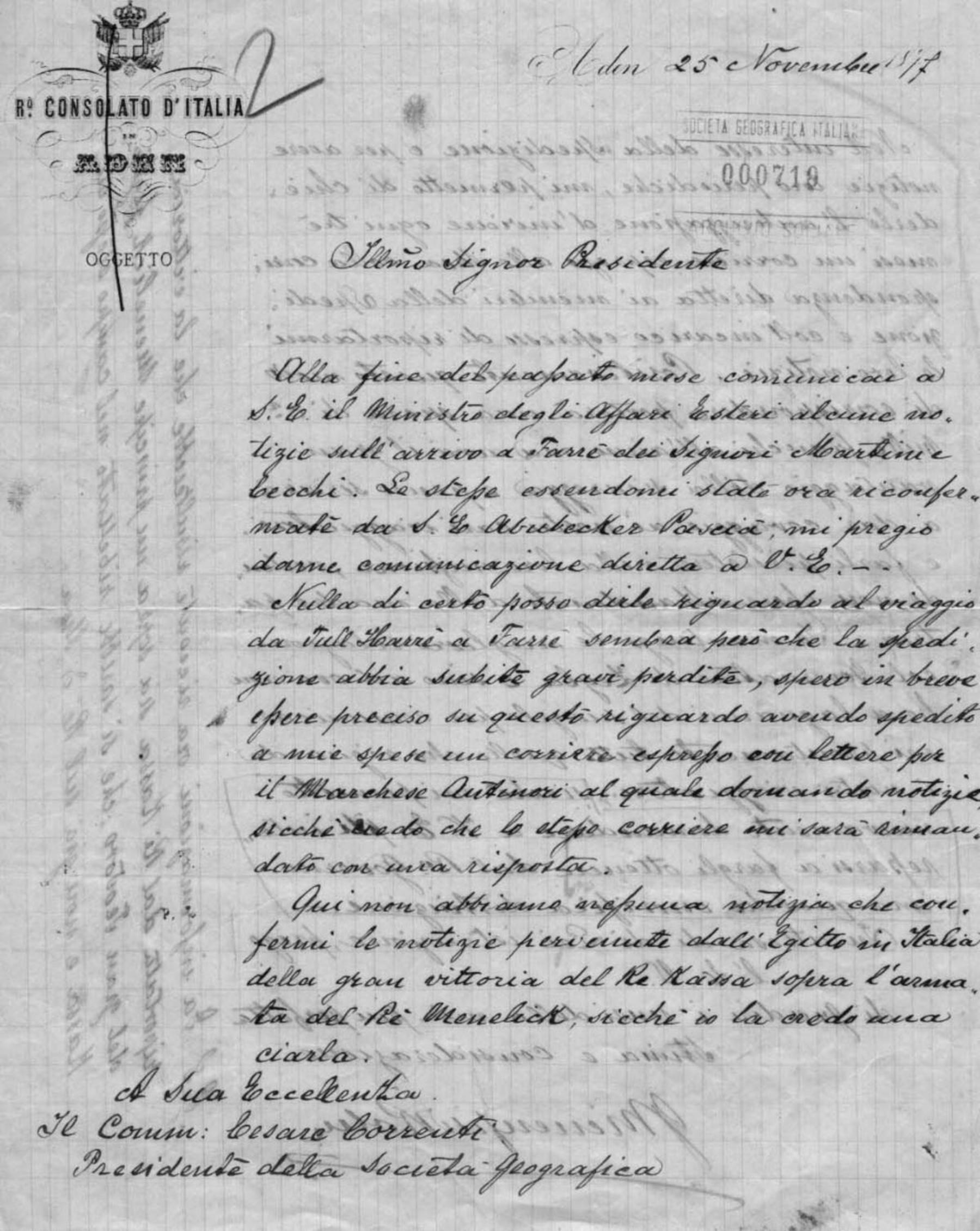 Giuseppe Bienefeld Rolph a Cesare Correnti 25.11.1877