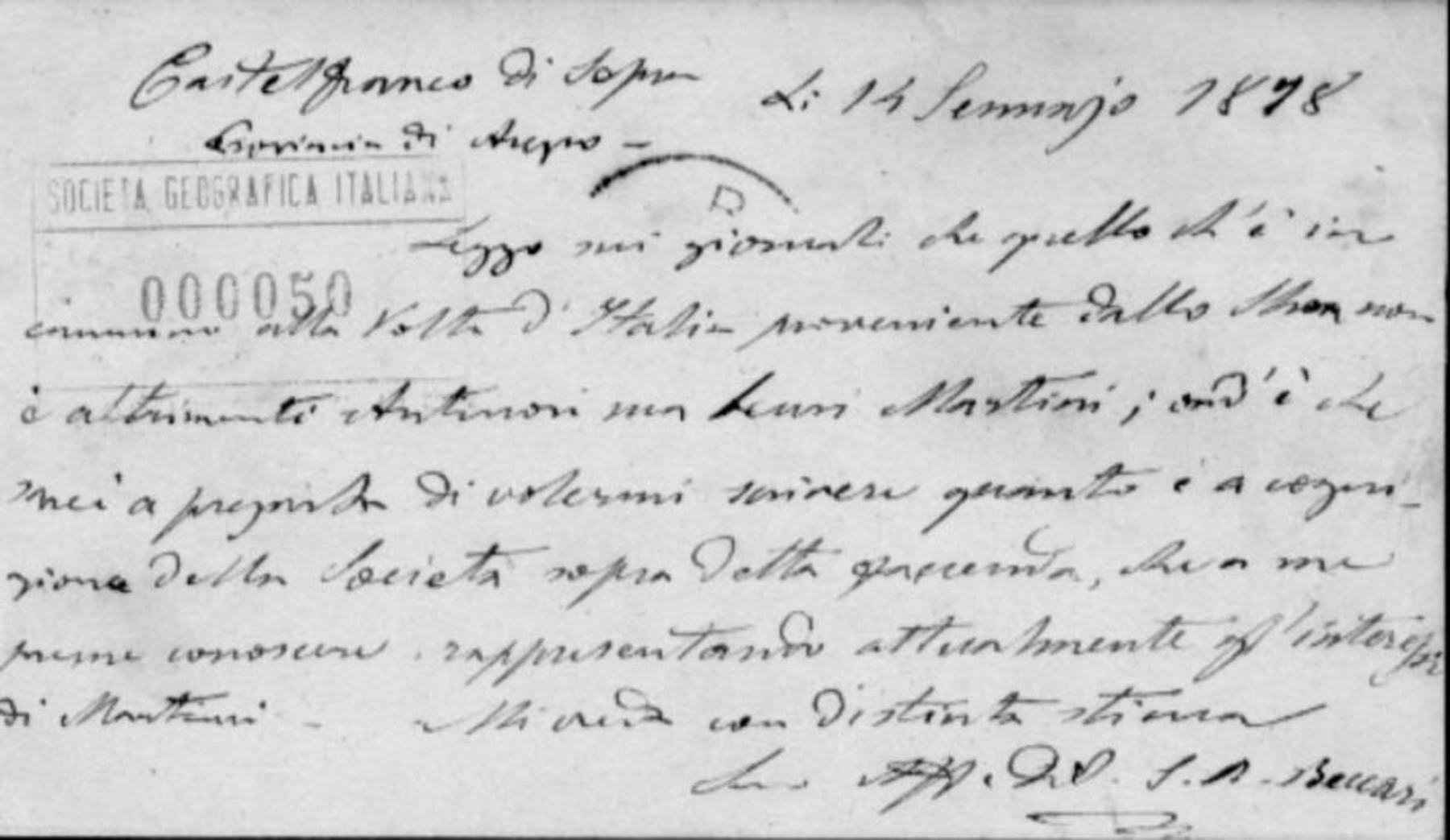 Giovan Battista Beccari a Giuseppe Dalla Vedova 14.1.1878