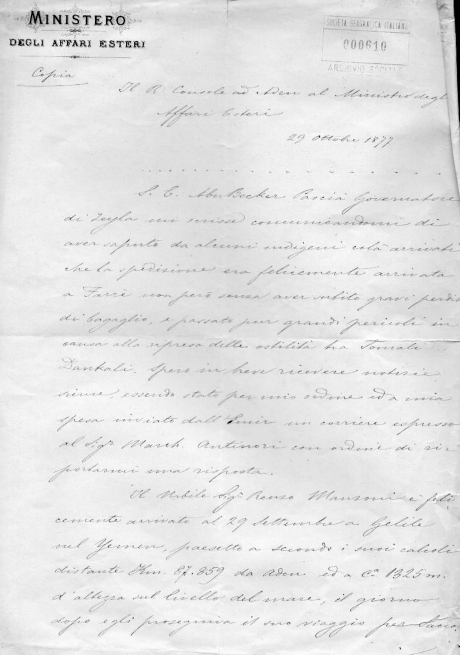 Giuseppe Bienefeld Rolph al Ministero degli affari esteri 29.10.1877