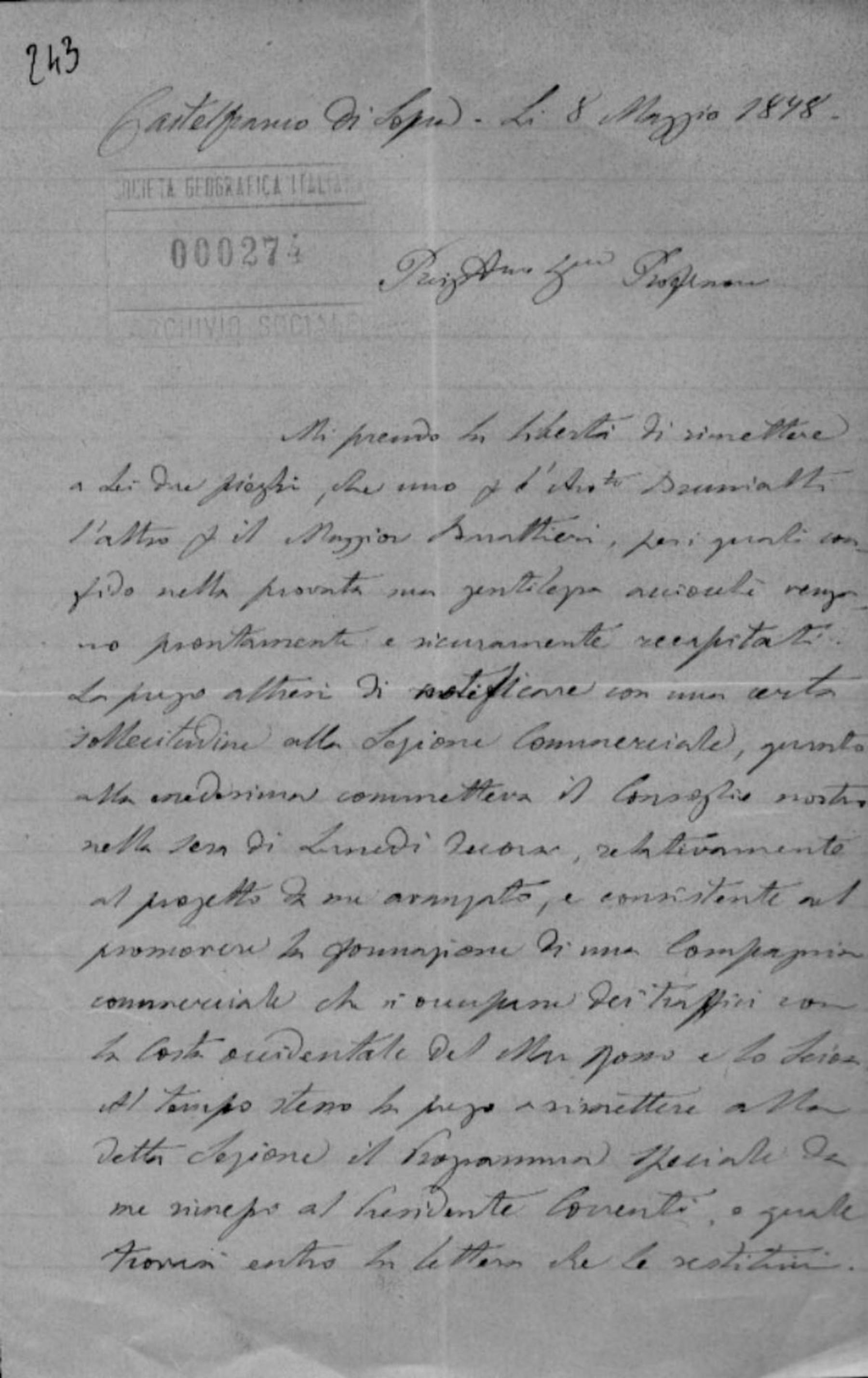 Giovan Battista Beccari a Giuseppe Dalla Vedova 8.5.1878