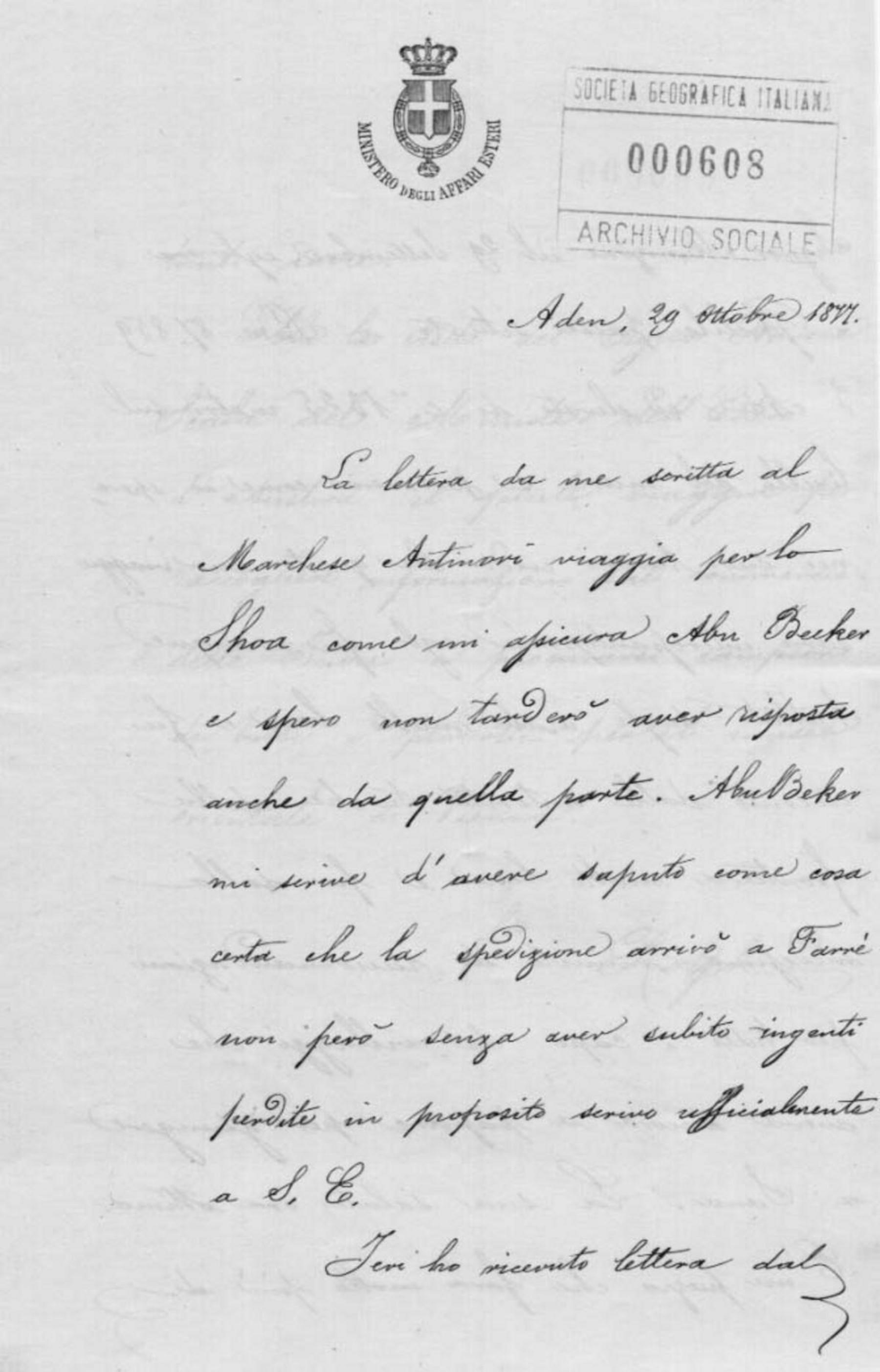Giuseppe Bienefeld Rolph al Ministero degli affari esteri 29.10.1877