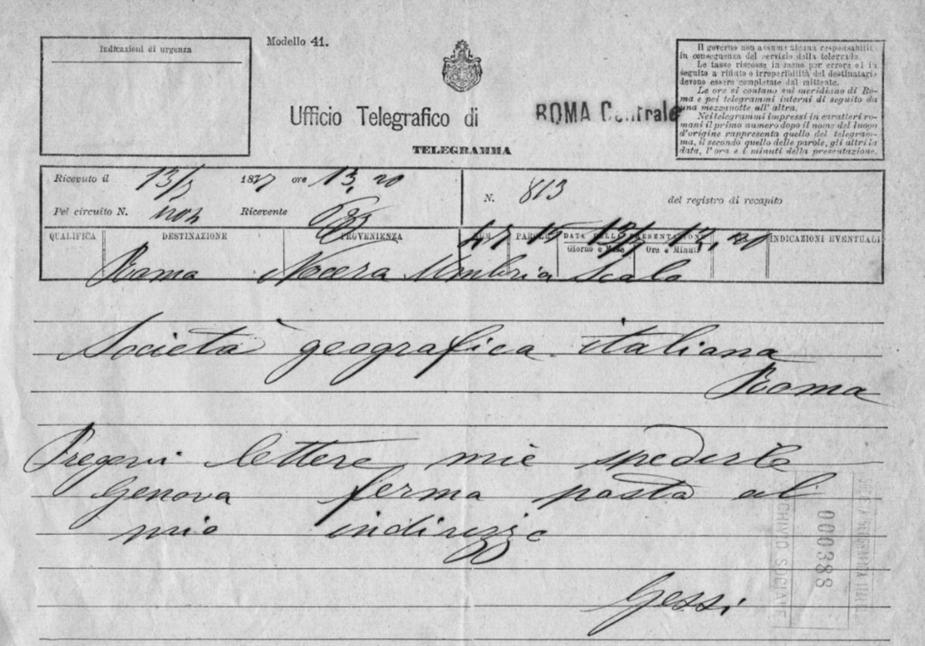 Romolo Gessi a Società geografica italiana 13.7.1877