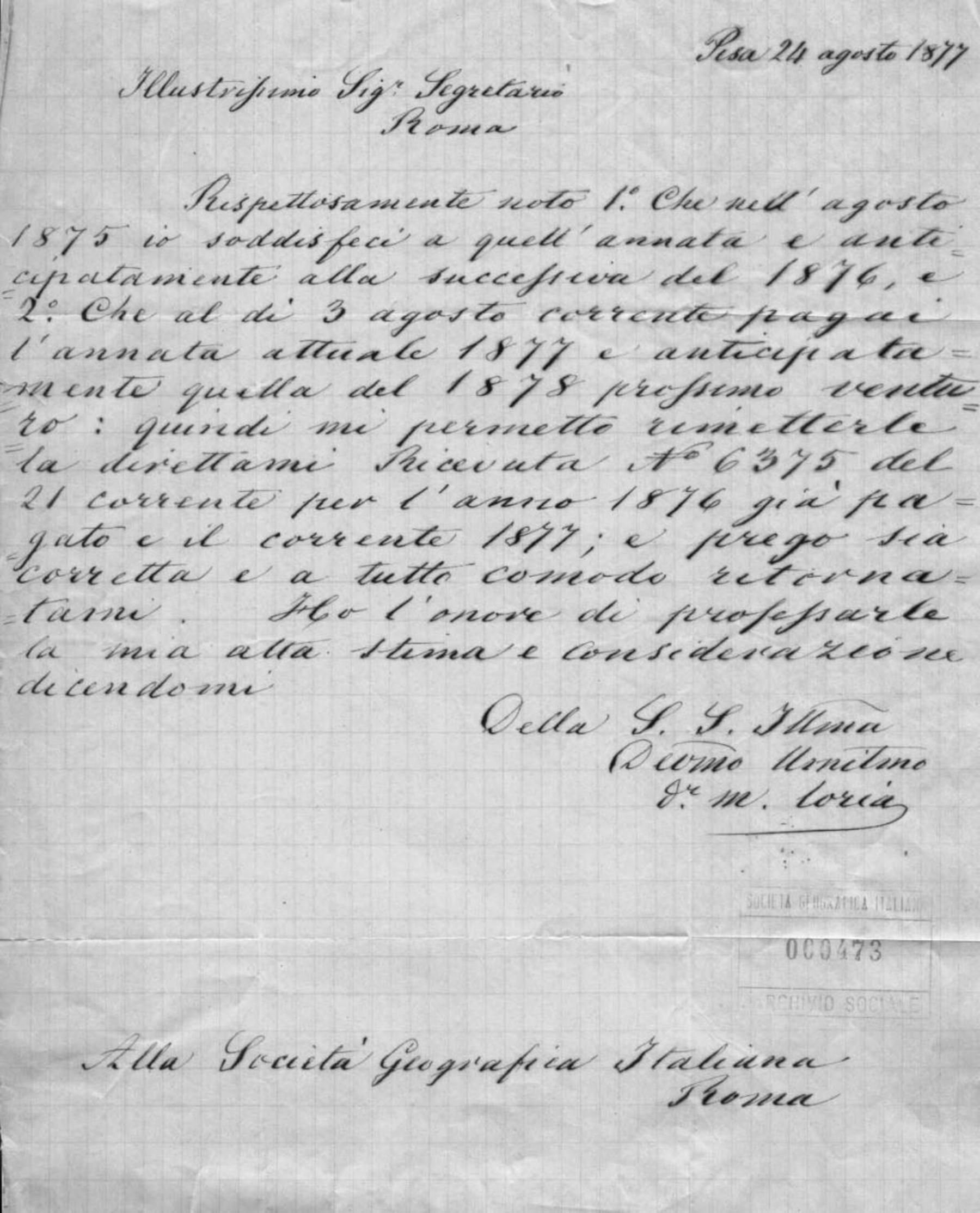 Marco Loria a Adolfo Angeli 24.8.1877