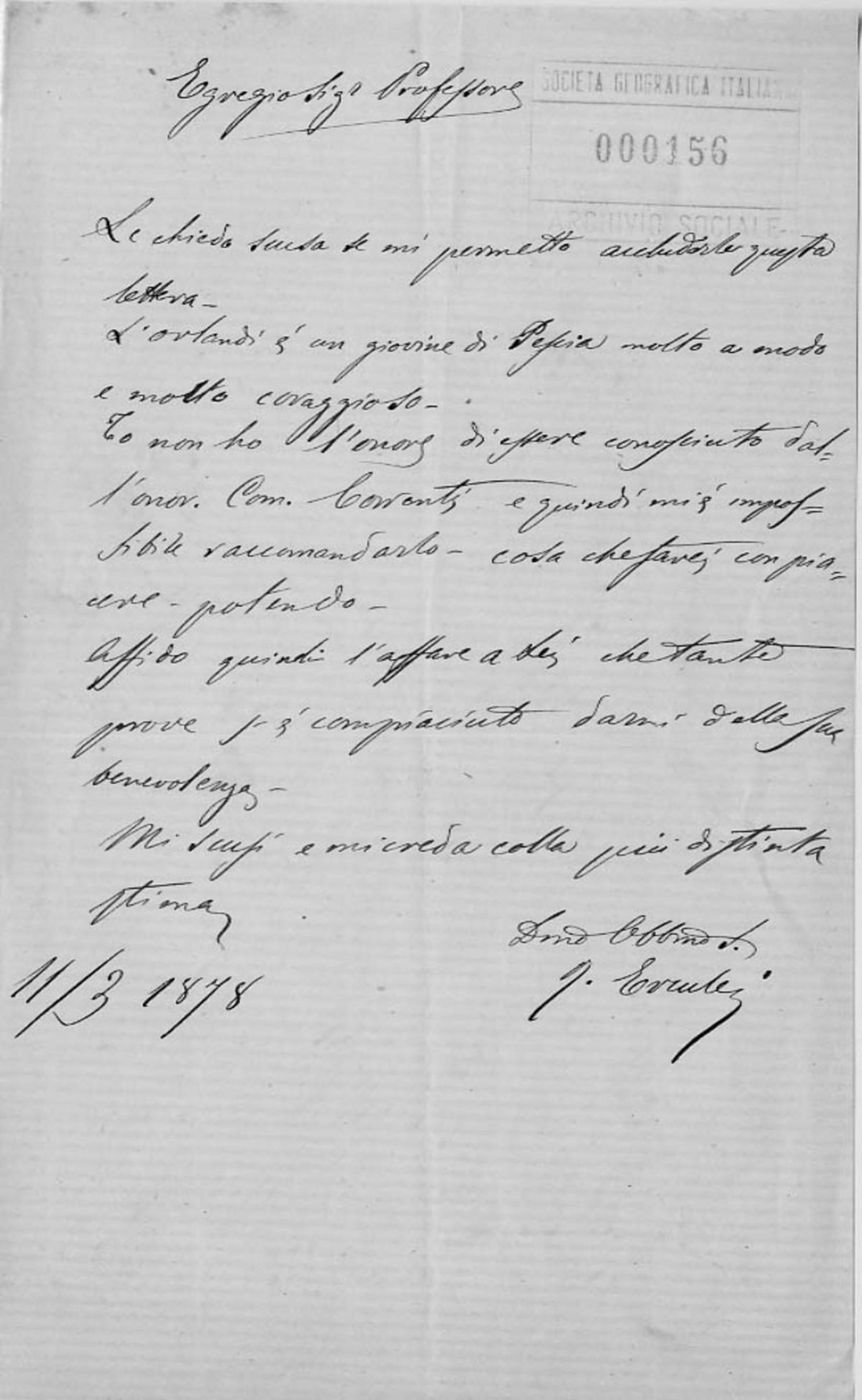 Raffaele Erculei a Giuseppe Dalla Vedova 11.3.1878