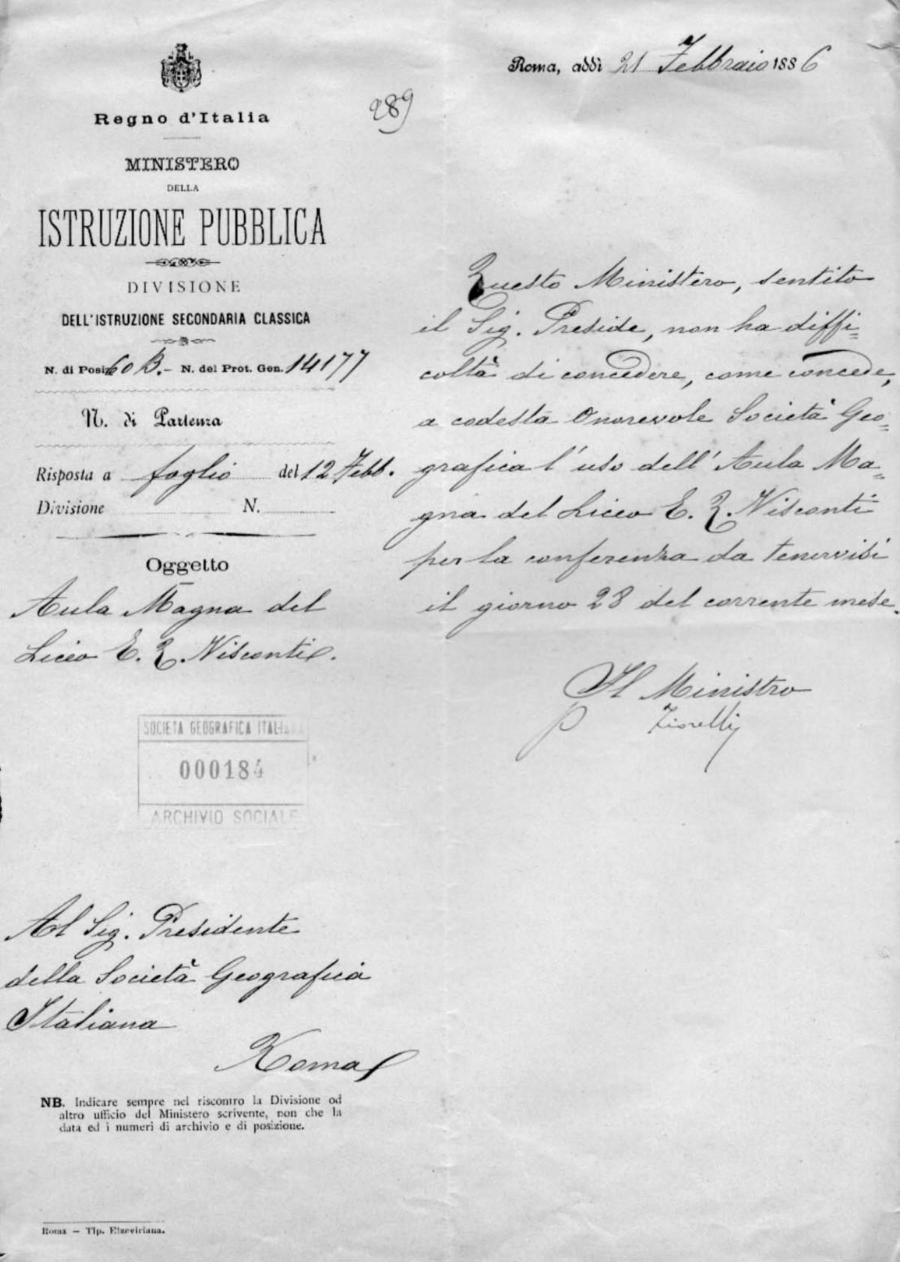 Giuseppe Fiorelli a Onorato Caetani 21.2.1886