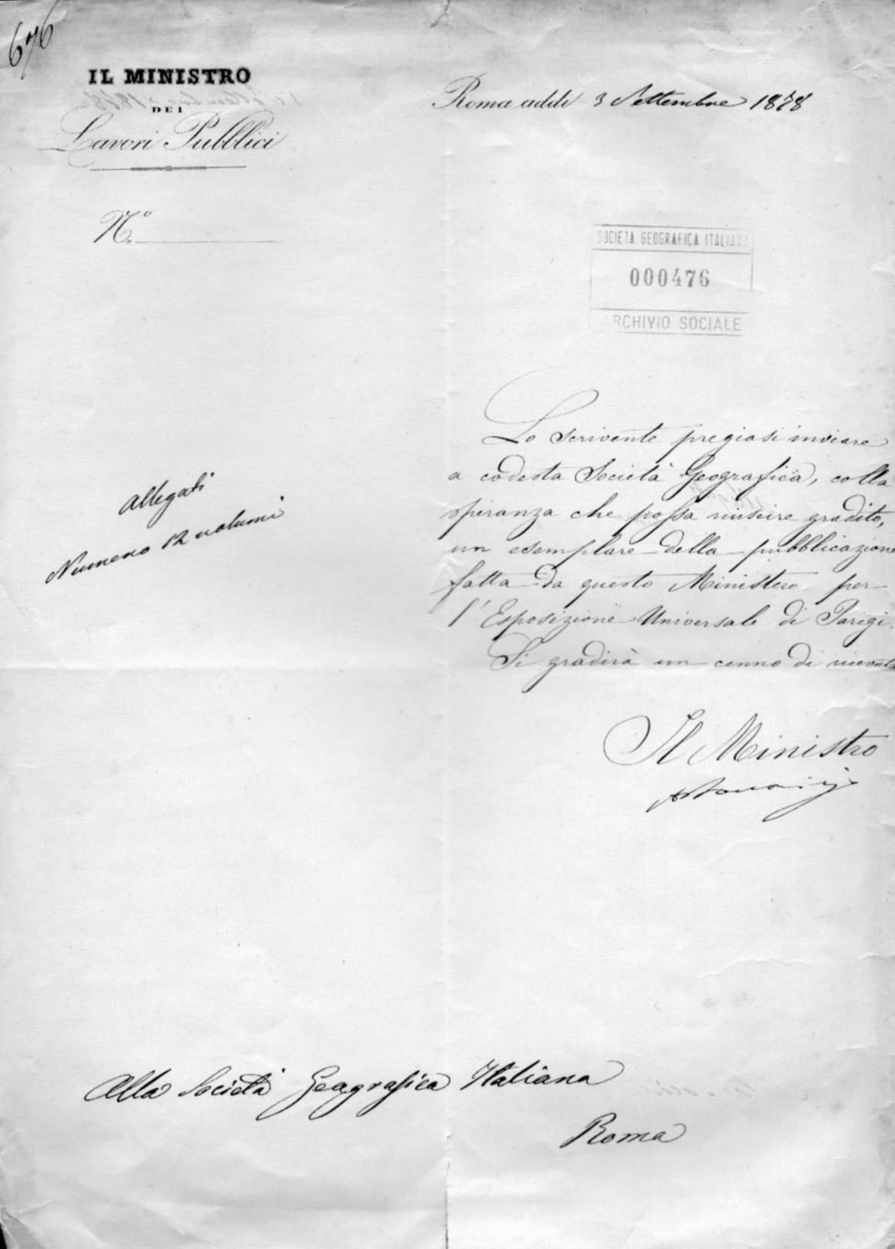 Alfredo Baccarini a Società geografica italiana 3.9.1878