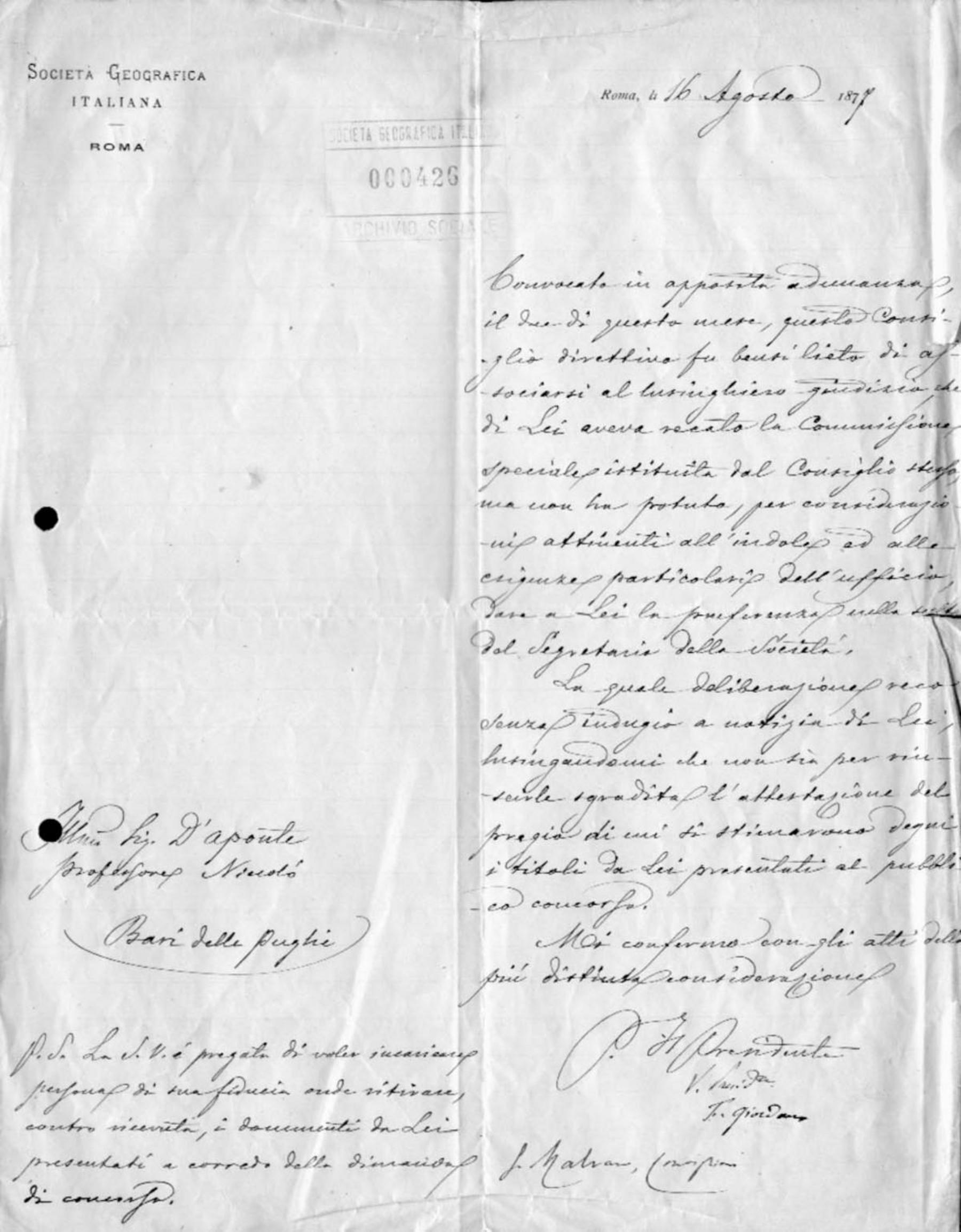 Felice Giordano a Niccolò D'Aponte 16.8.1878