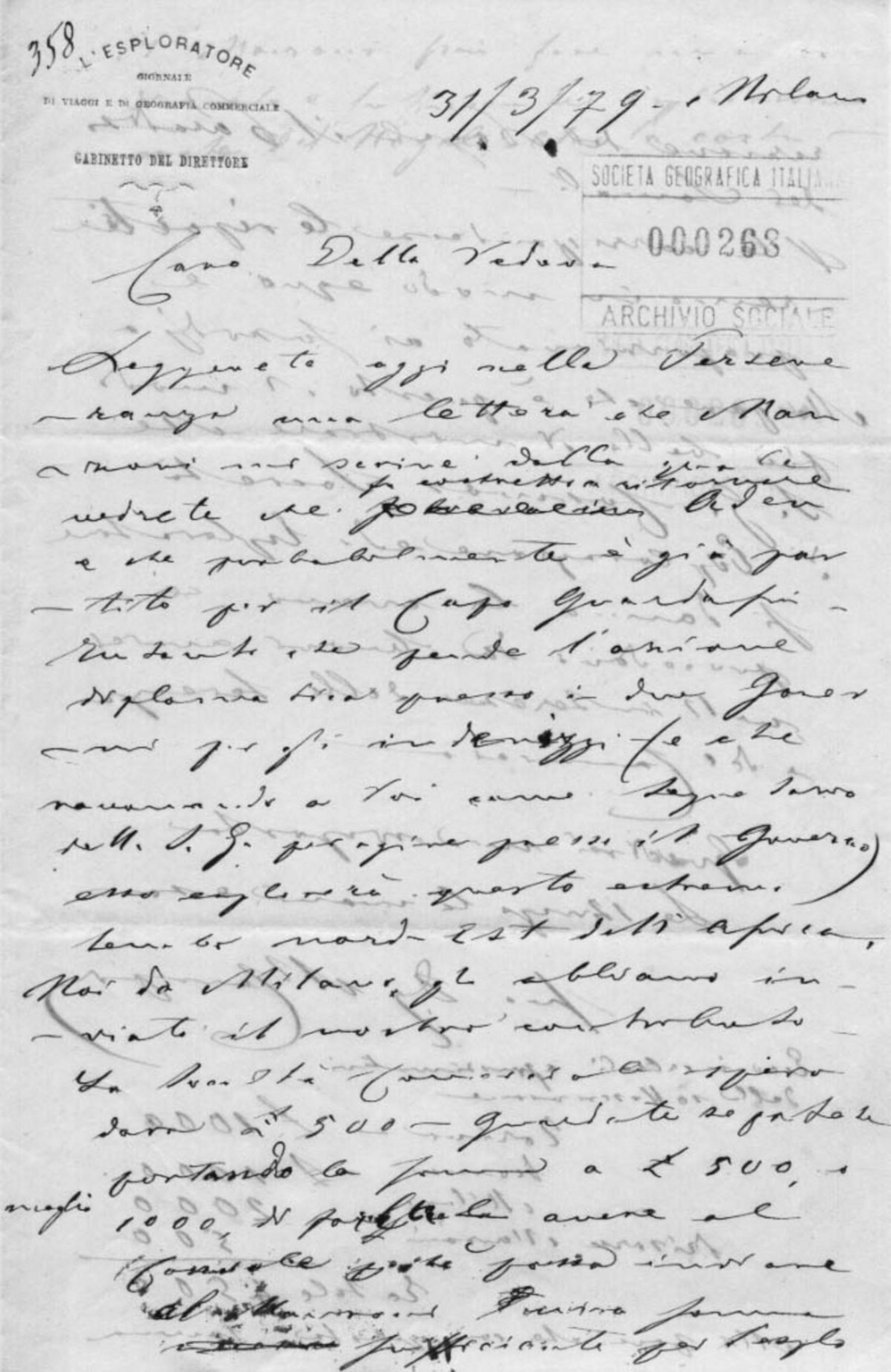 Manfredo Camperio a Giuseppe Dalla Vedova 31.3.1879