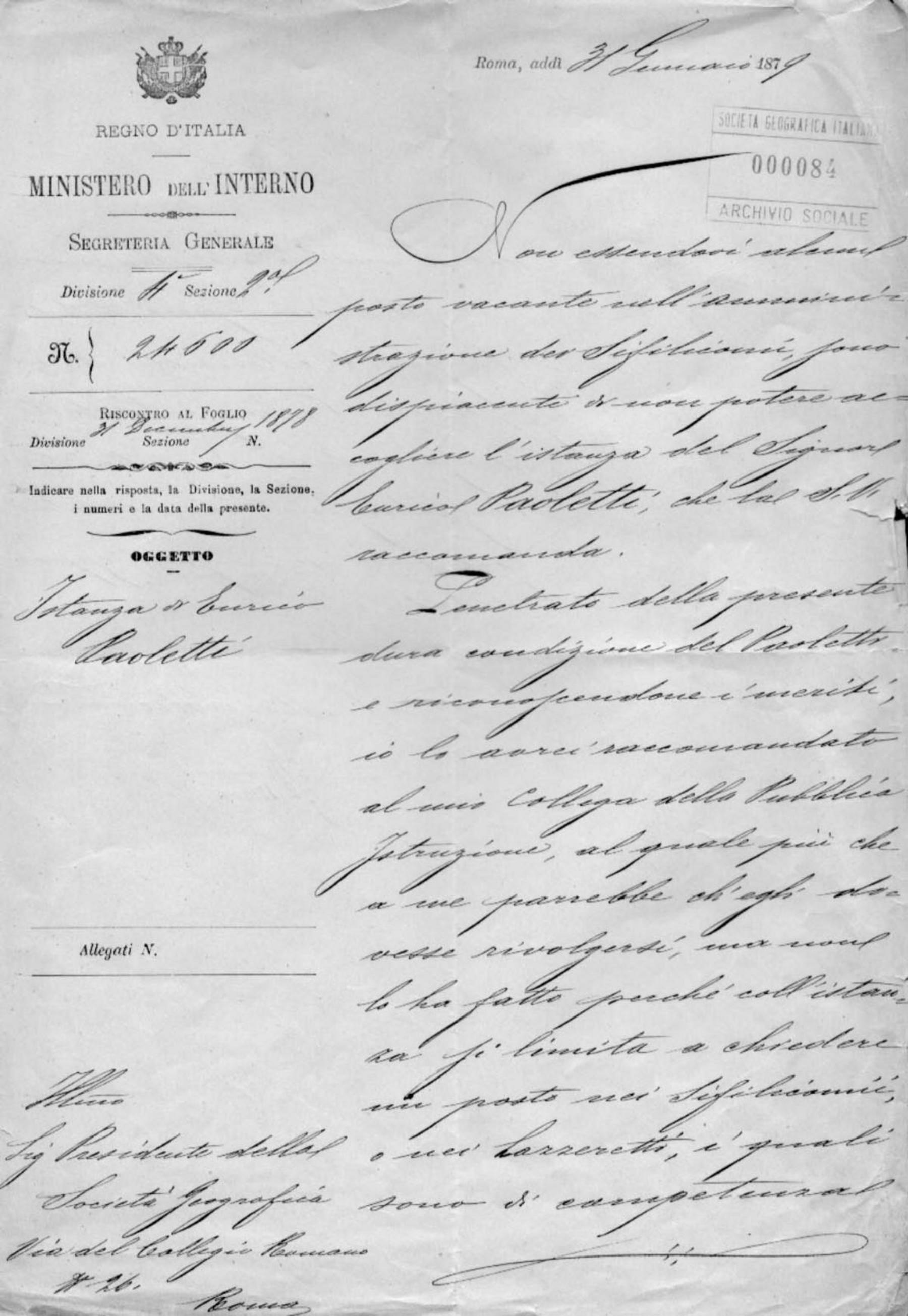 Giovanni Battista Morana a Cesare Correnti 31.1.1879