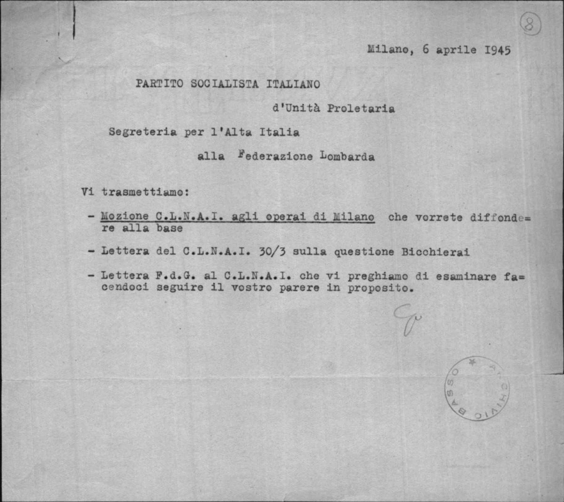 Segreteria del Psiup AI alla Federazione lombarda