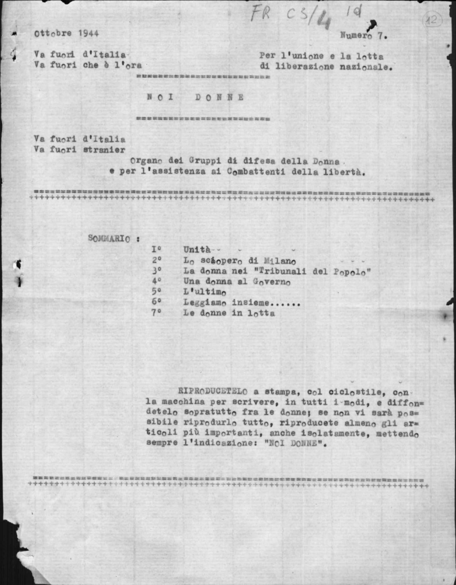 «Noi donne», organo di difesa della donna e per l'assistenza ai combattenti