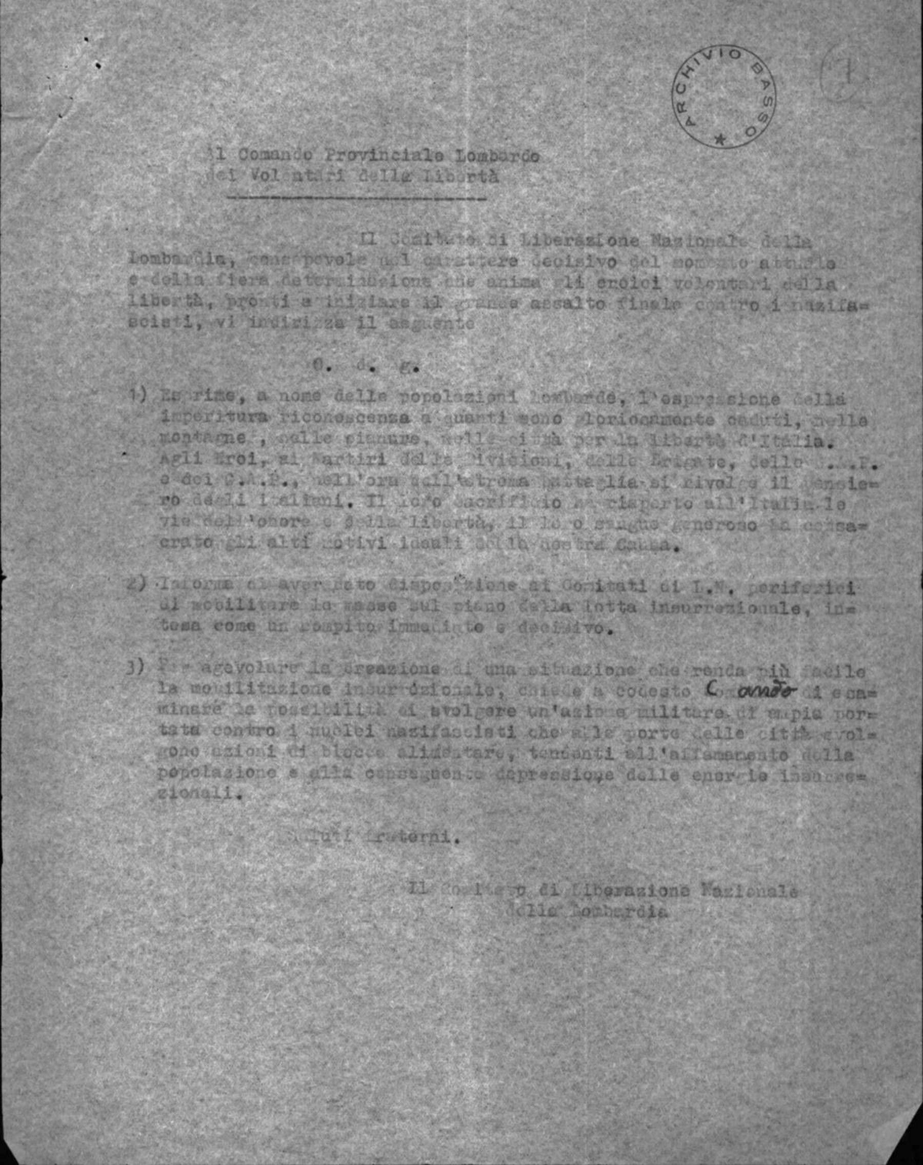 Argomenti discussi dal Cln lombardo