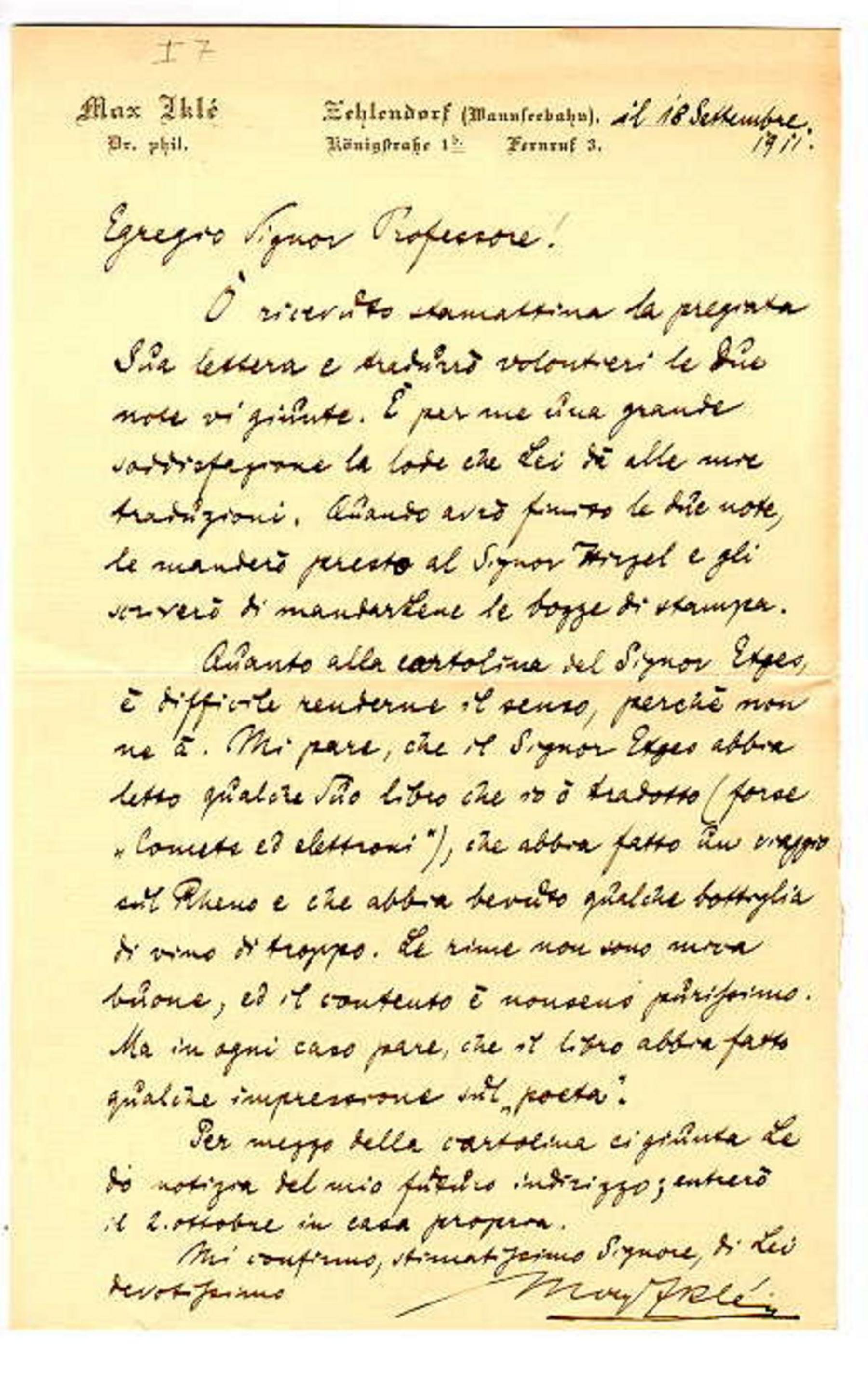 Lettera da M. Iklé a A. Righi, Zehlendorf 18 settembre 1911