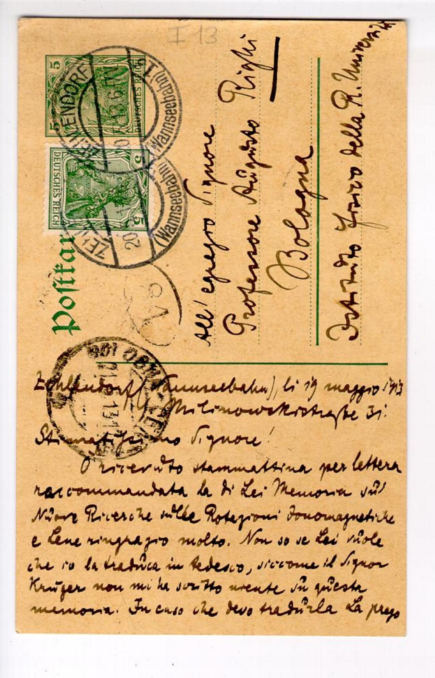 Cartolina postale da M. Iklé a A. Righi, Zehlendorf 19 maggio 1913