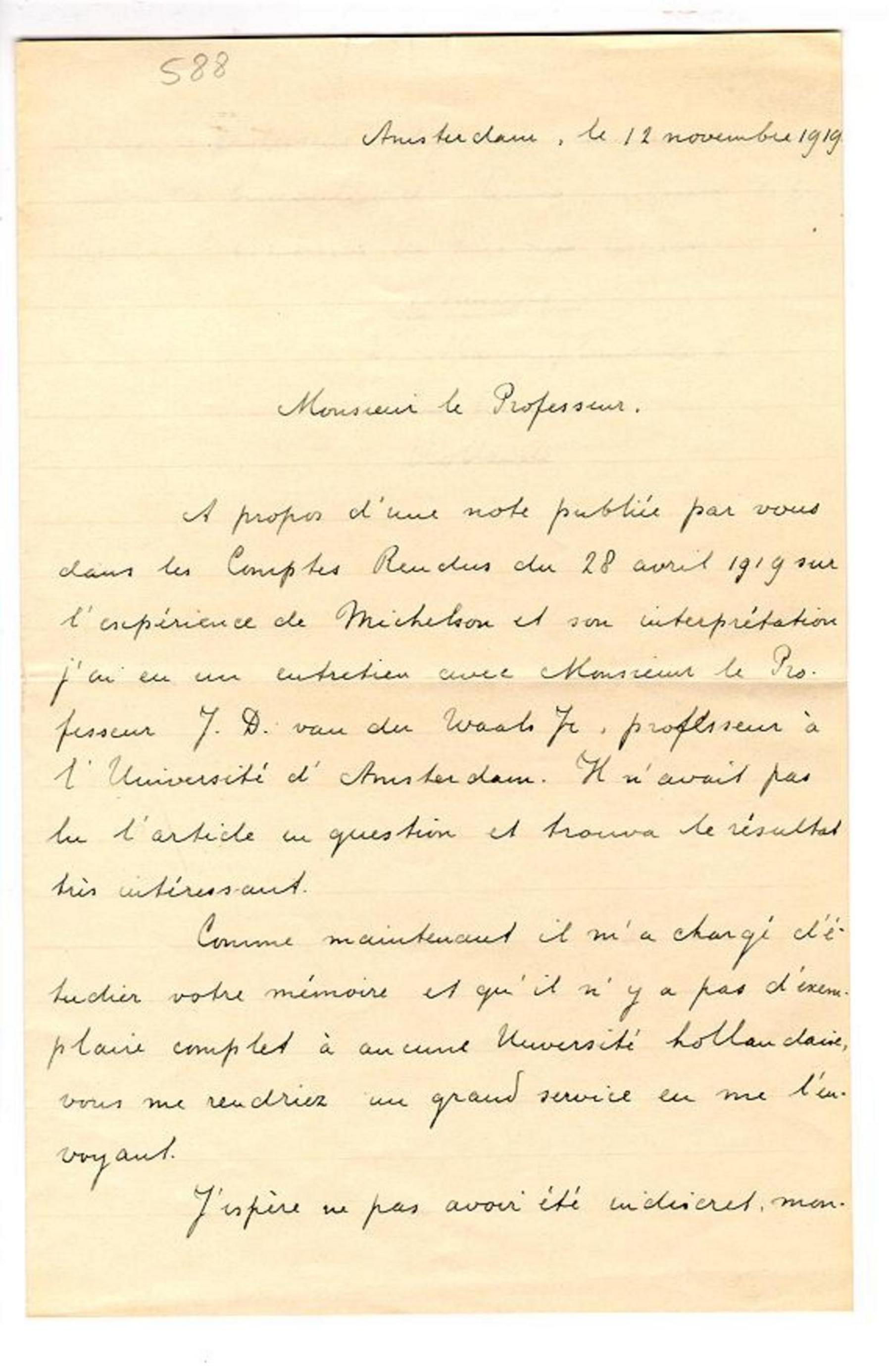 Lettera da L. Sweerts a A. Righi, Amsterdam 12 novembre 1919