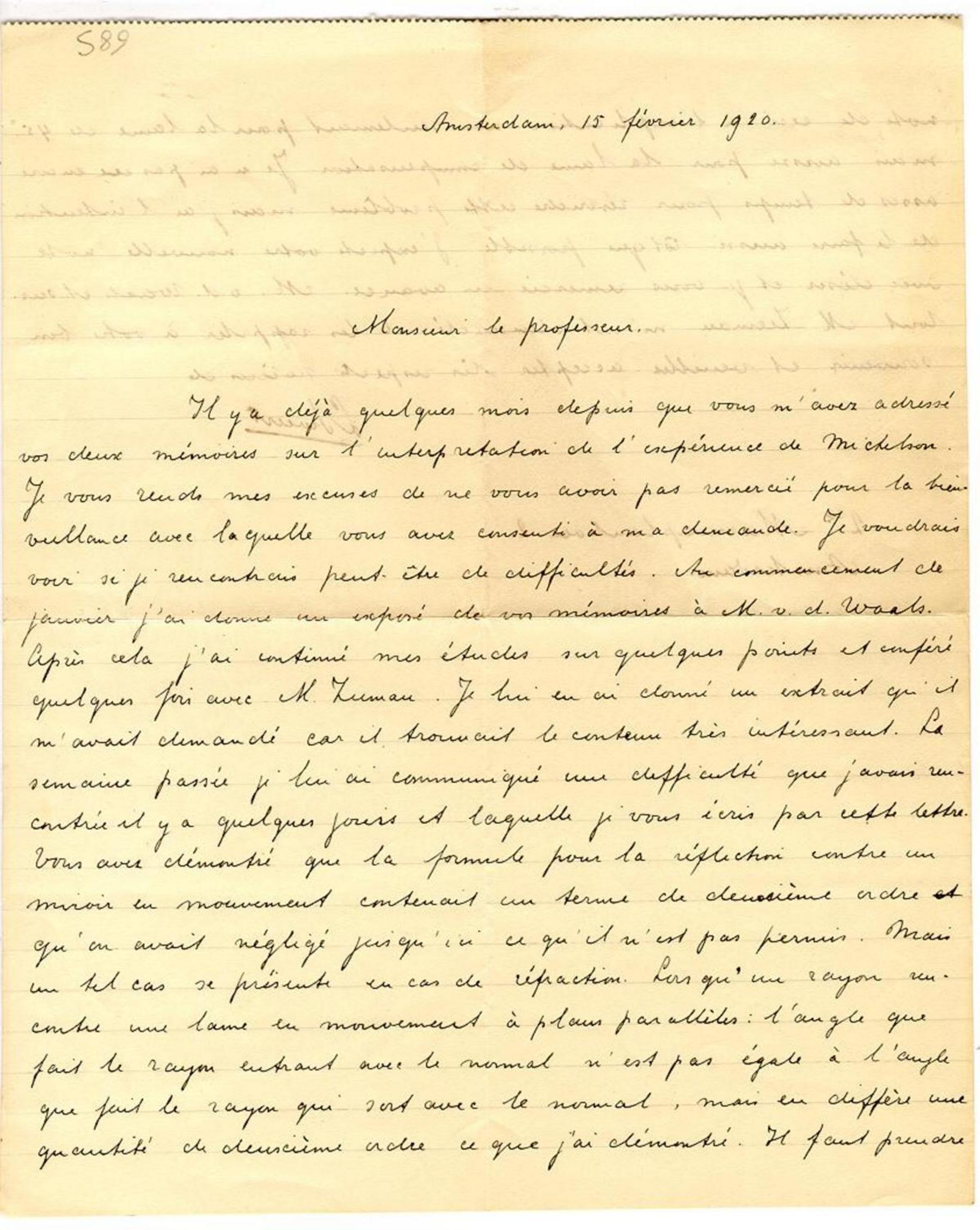 Lettera da L. Sweerts a A. Righi, Amsterdam 15 febbraio 1920