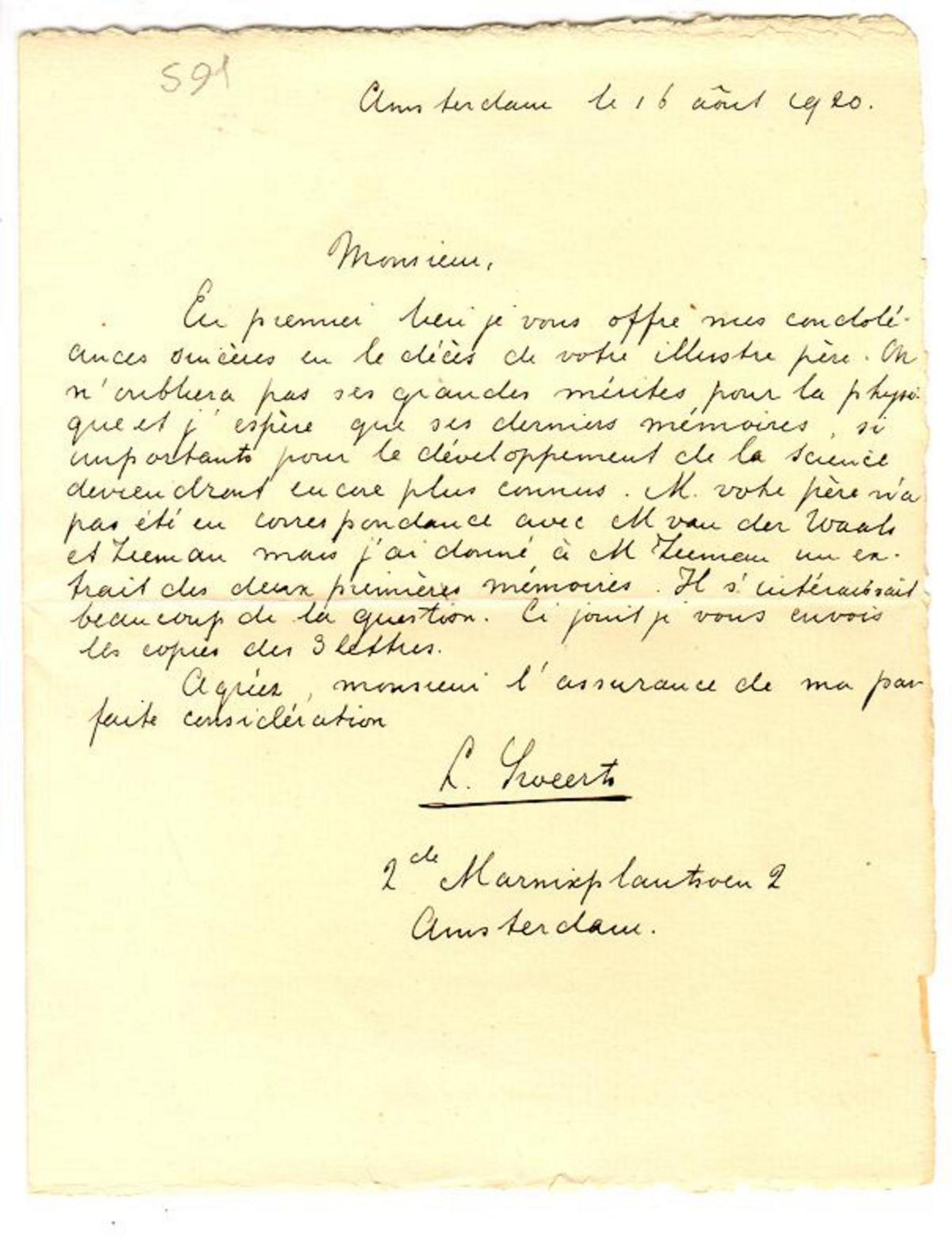 Lettera da L. Sweerts a A. Righi, Amsterdam 16 agosto 1920