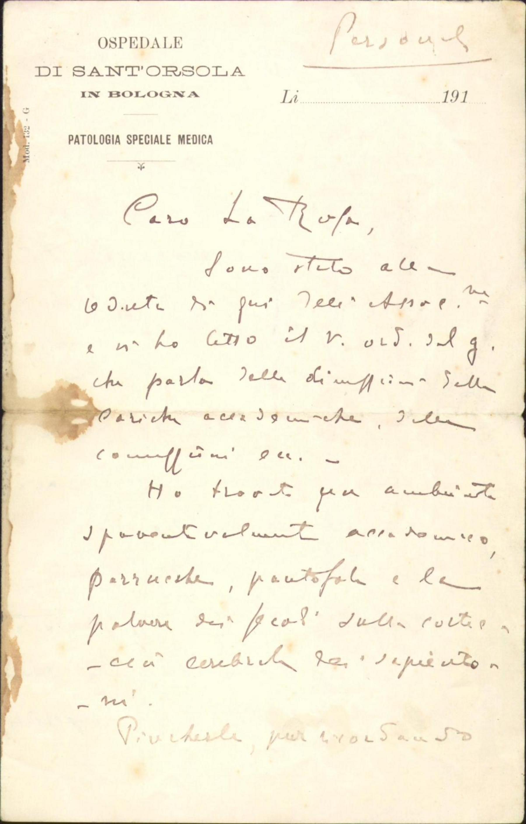 Lettera da S. Viale a Michele La Rosa, Bologna 10 febbraio 1920