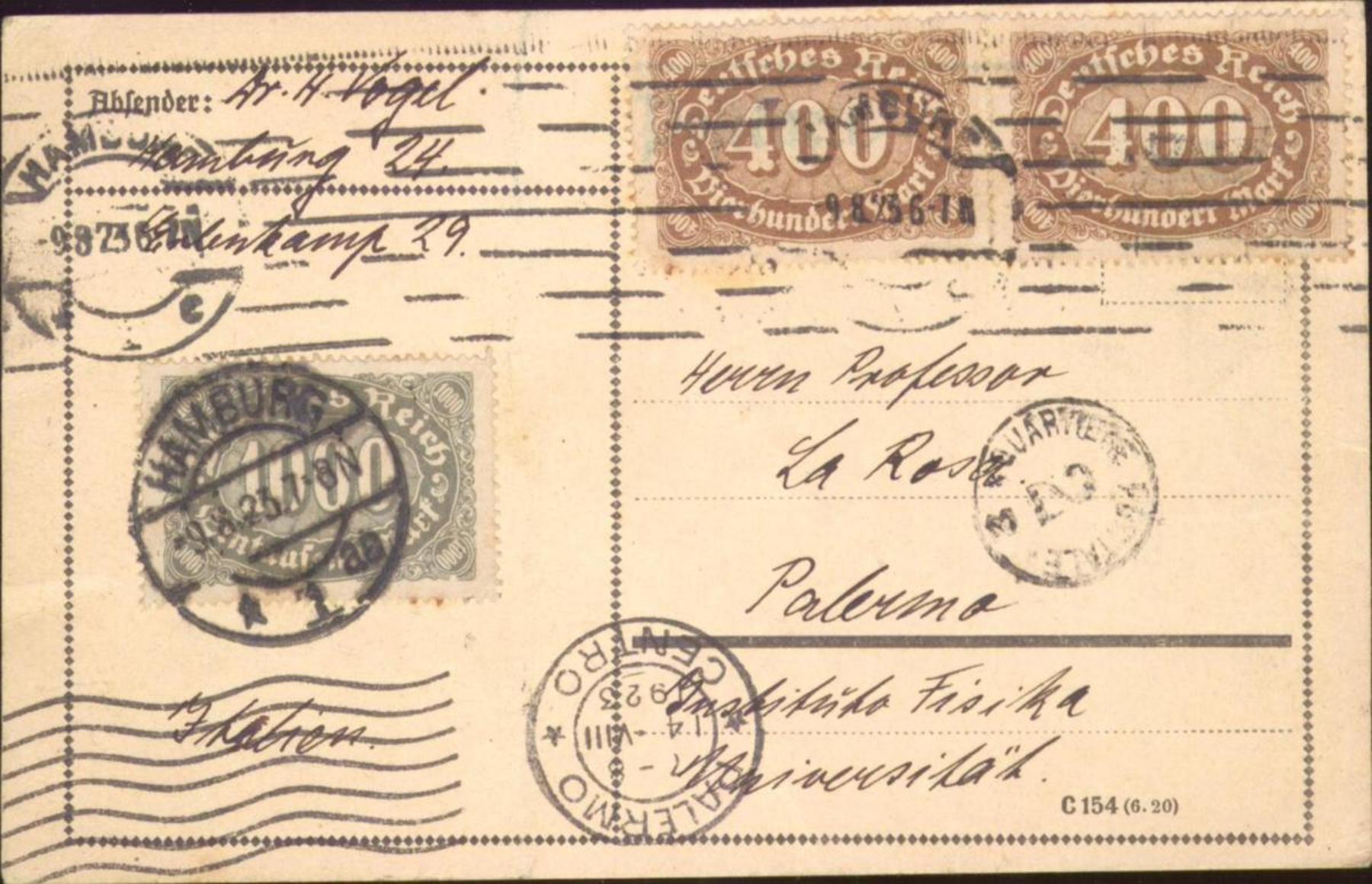 Cartolina da Vogel a Michele La Rosa, Amburgo 9 agosto 1923