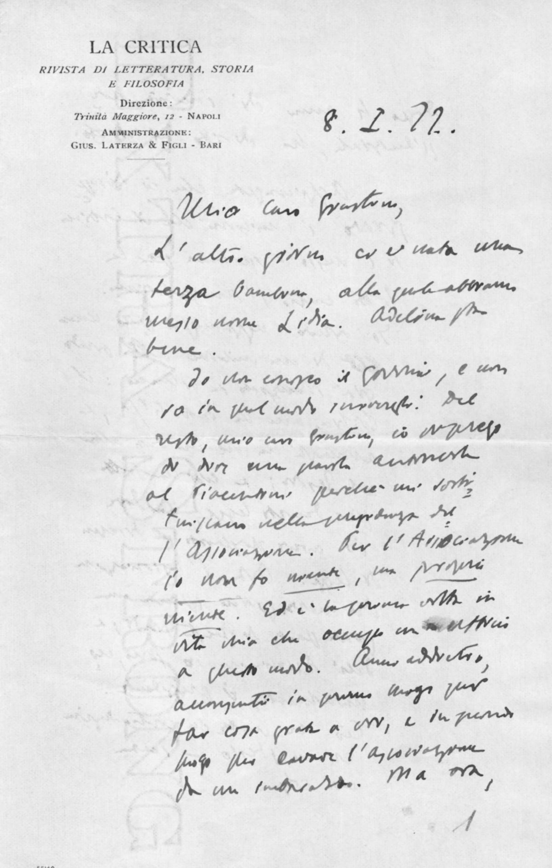 Lettera di Benedetto Croce a Giustino Fortunato