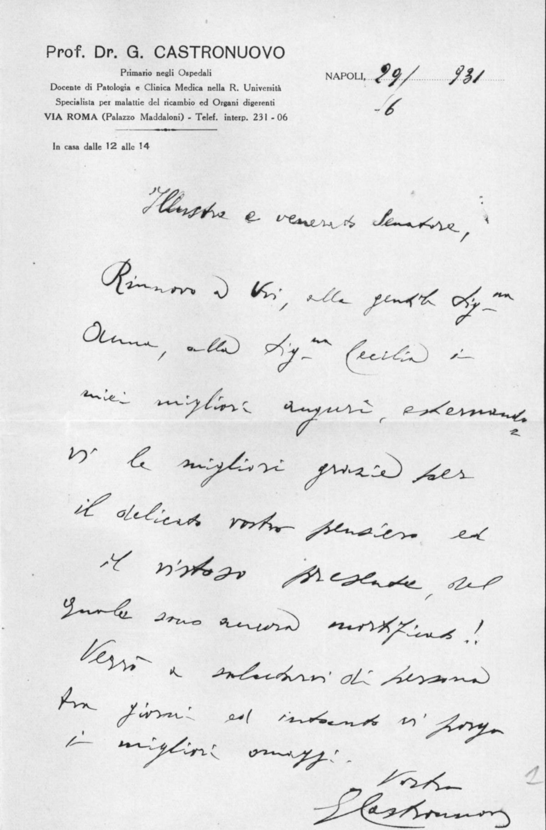 Lettera di Giovanni Castronuovo a Giustino Fortunato