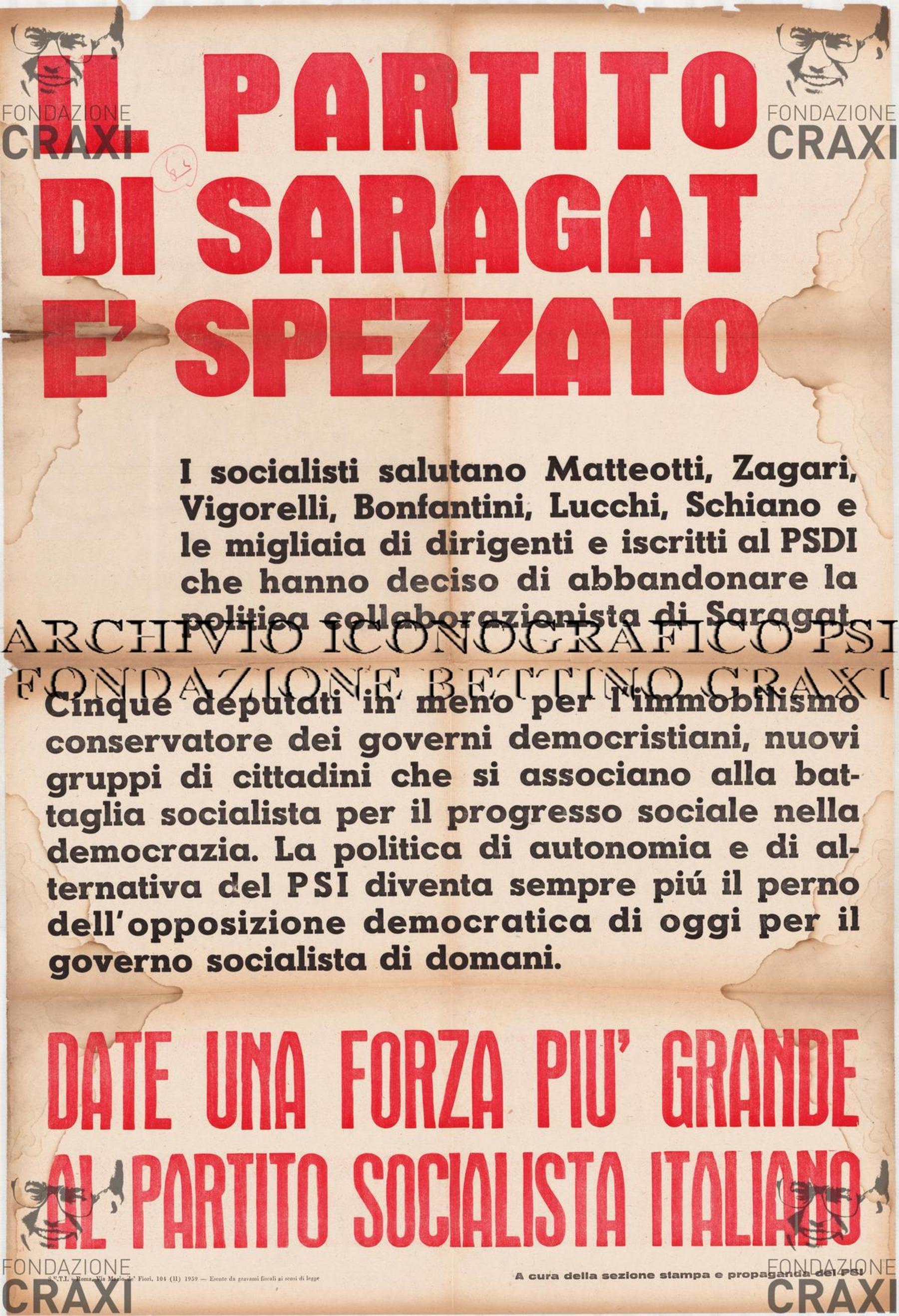 "Il partito di Saragat è spezzato... Date una forza più grande al Partito socialista italiano", 1959
