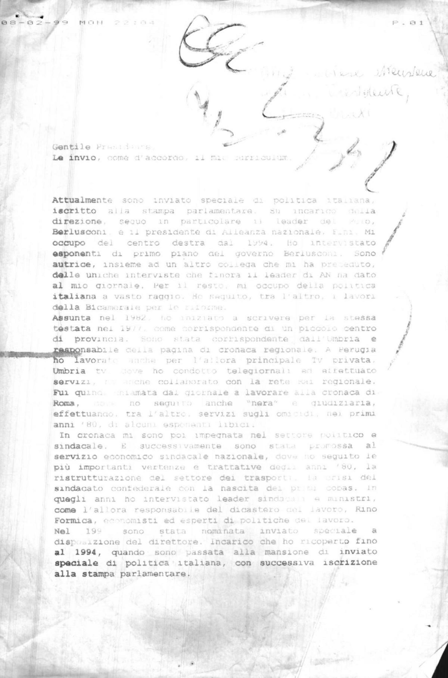 Paola Sacchi a Craxi, 8/2/1999