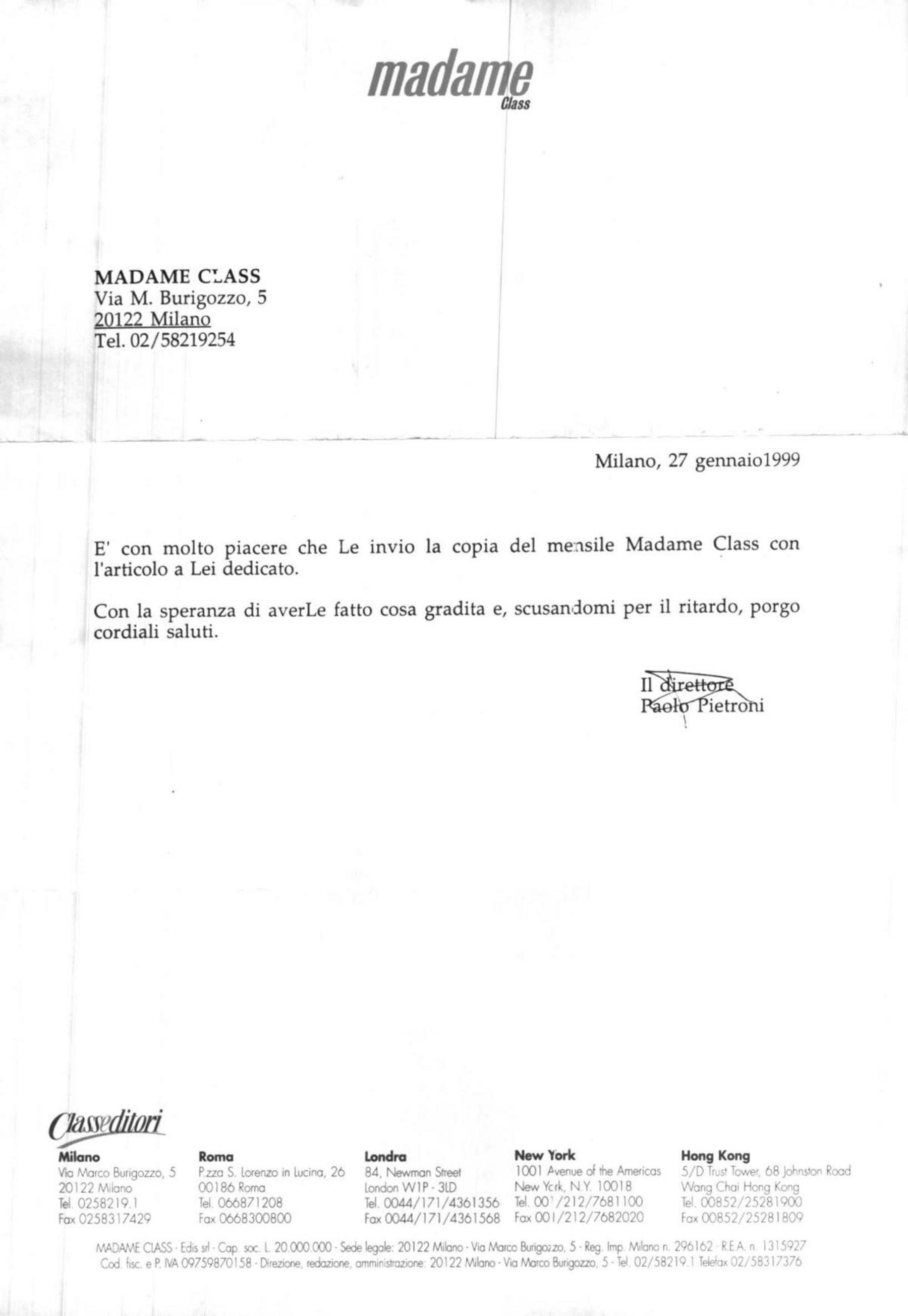 Paolo Pietroni a Craxi, 27/1/1999