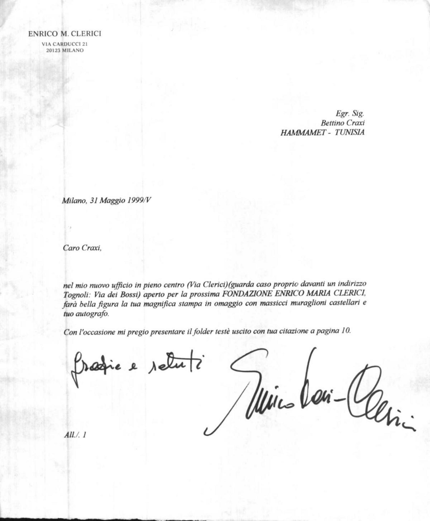 Enrico Clerici a Craxi, 31/5/1999