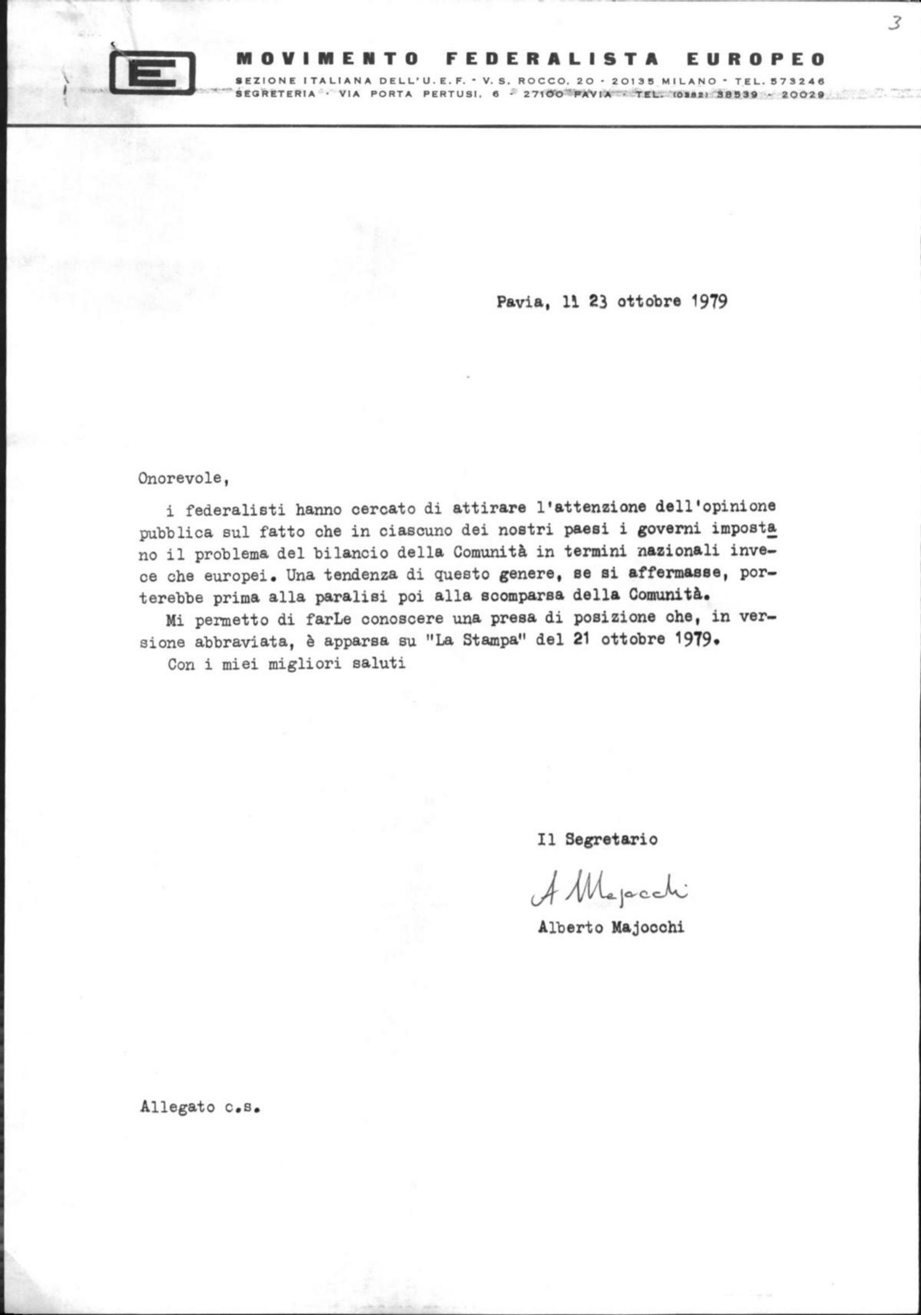 Alberto Majocchi, segretario del Movimento federalista europeo, a Craxi, 23/10/1979
