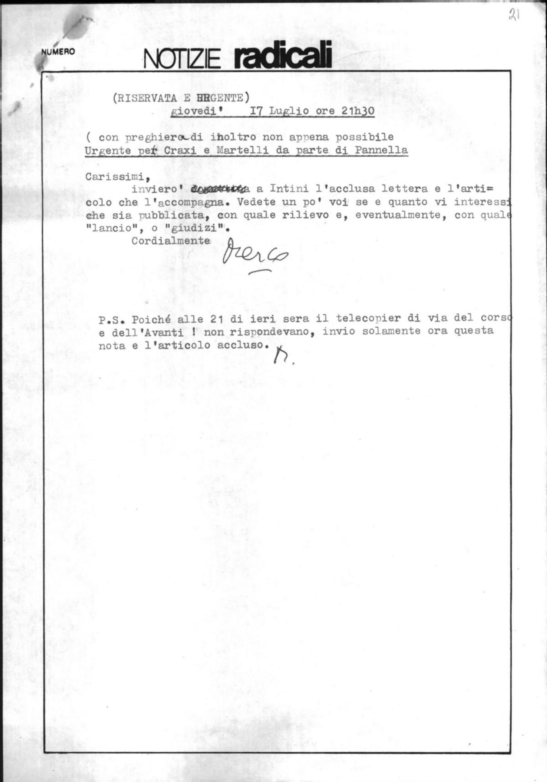 Marco Pannella a Craxi, 17/7/1986