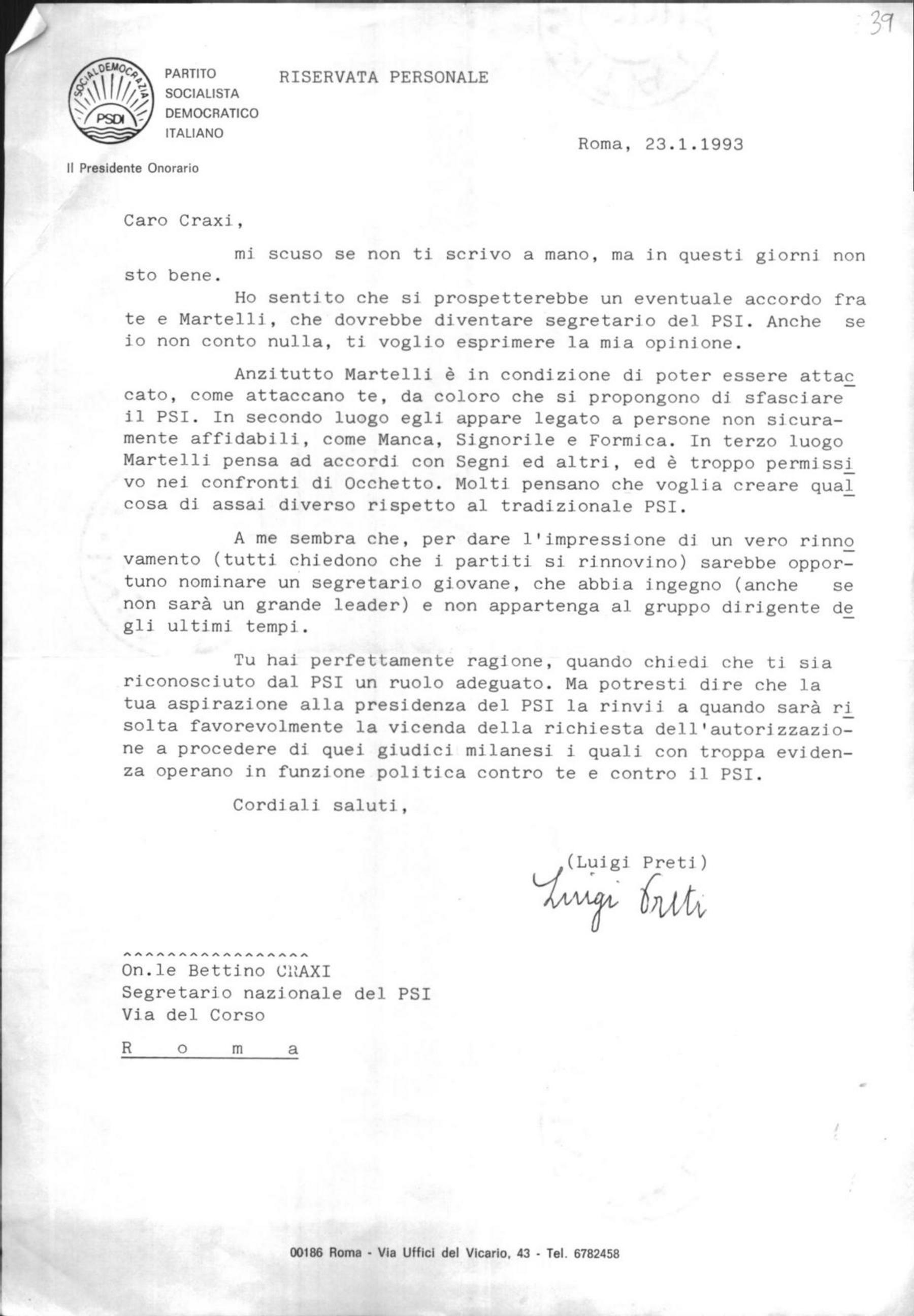 Luigi Preti, presidente onorario del Partito socialista democratico italiano, a Craxi, 23/1/1993
