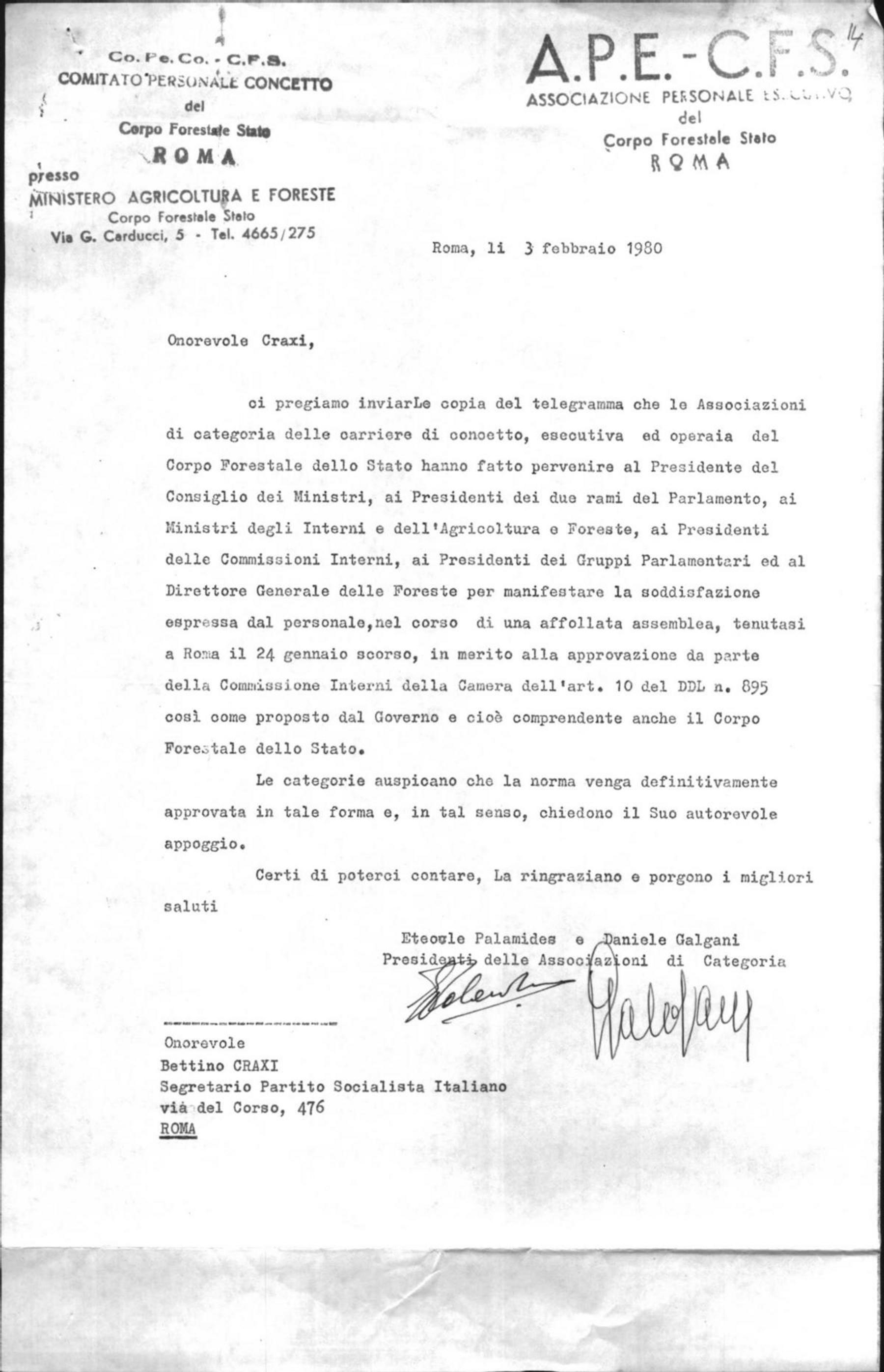 I presidenti delle associazioni di categoria del Corpo forestale dello Stato a Craxi, 3/2/1980