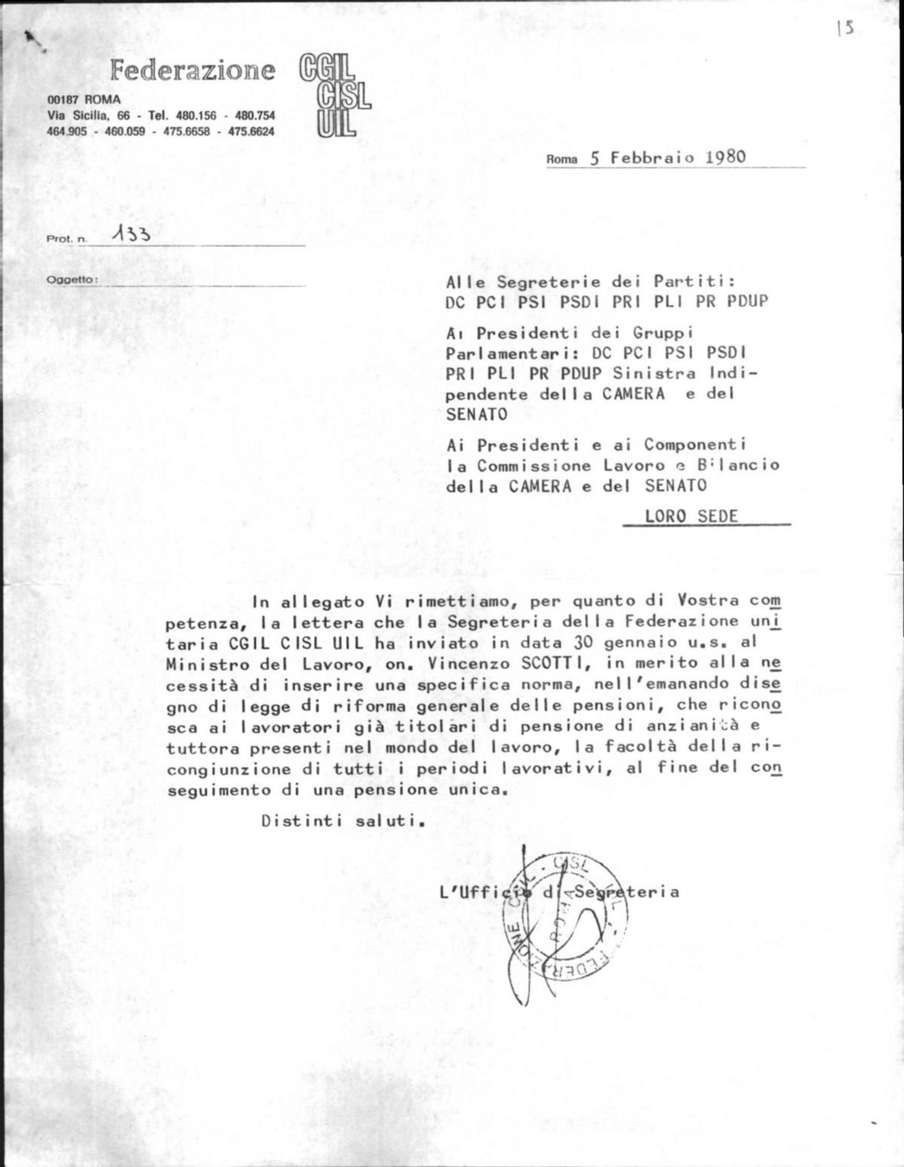 La Federazione Cgil-Cisl-Uil alle segreterie nazionali Dc, Psi, Pci, Psdi, Pri, Pli, Pr, Pdup, 5/2/1980