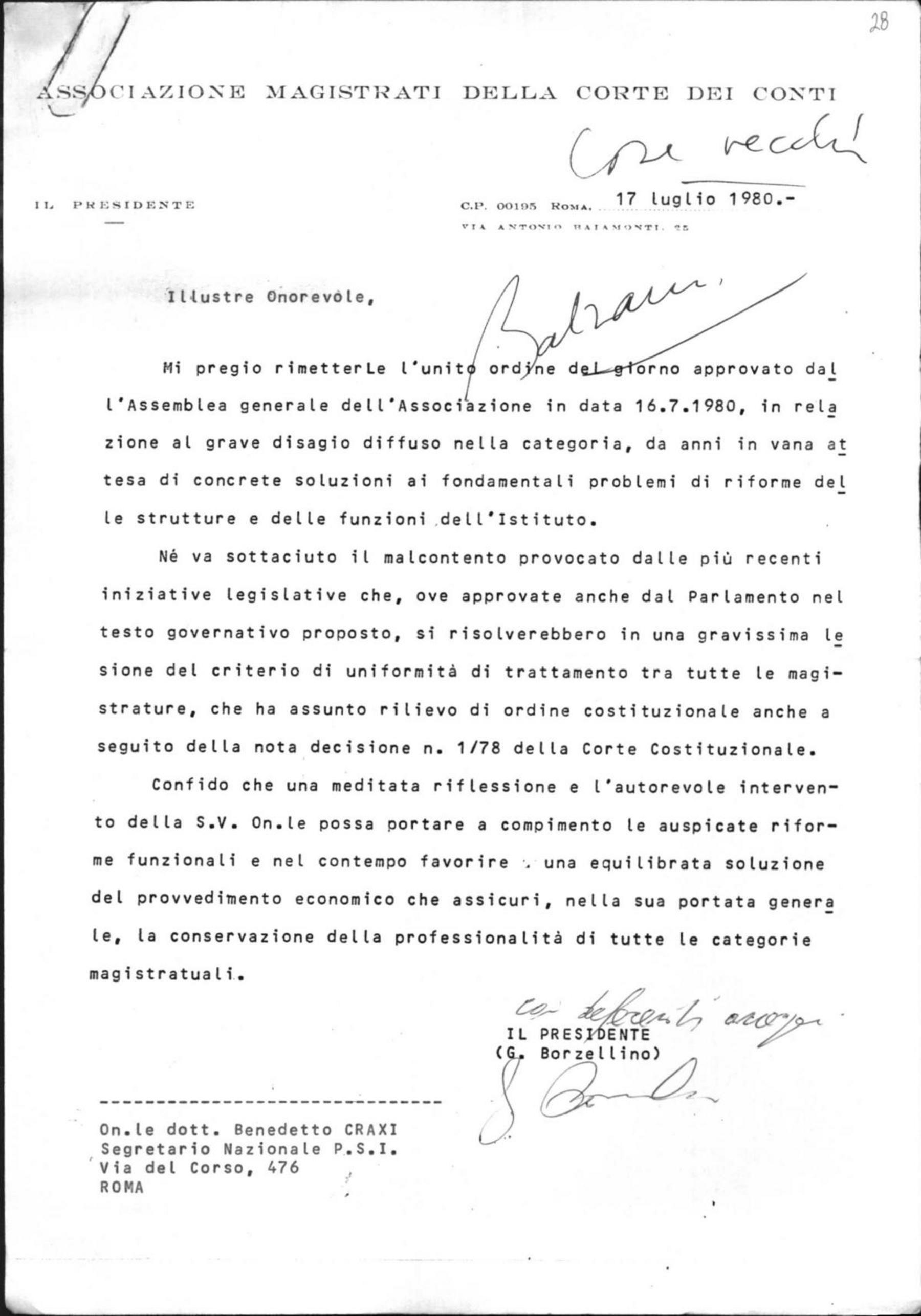 Giuseppe Borzellino, presidente dell'Associazione magistrati della Corte dei Conti, a Craxi, 17/7/1980
