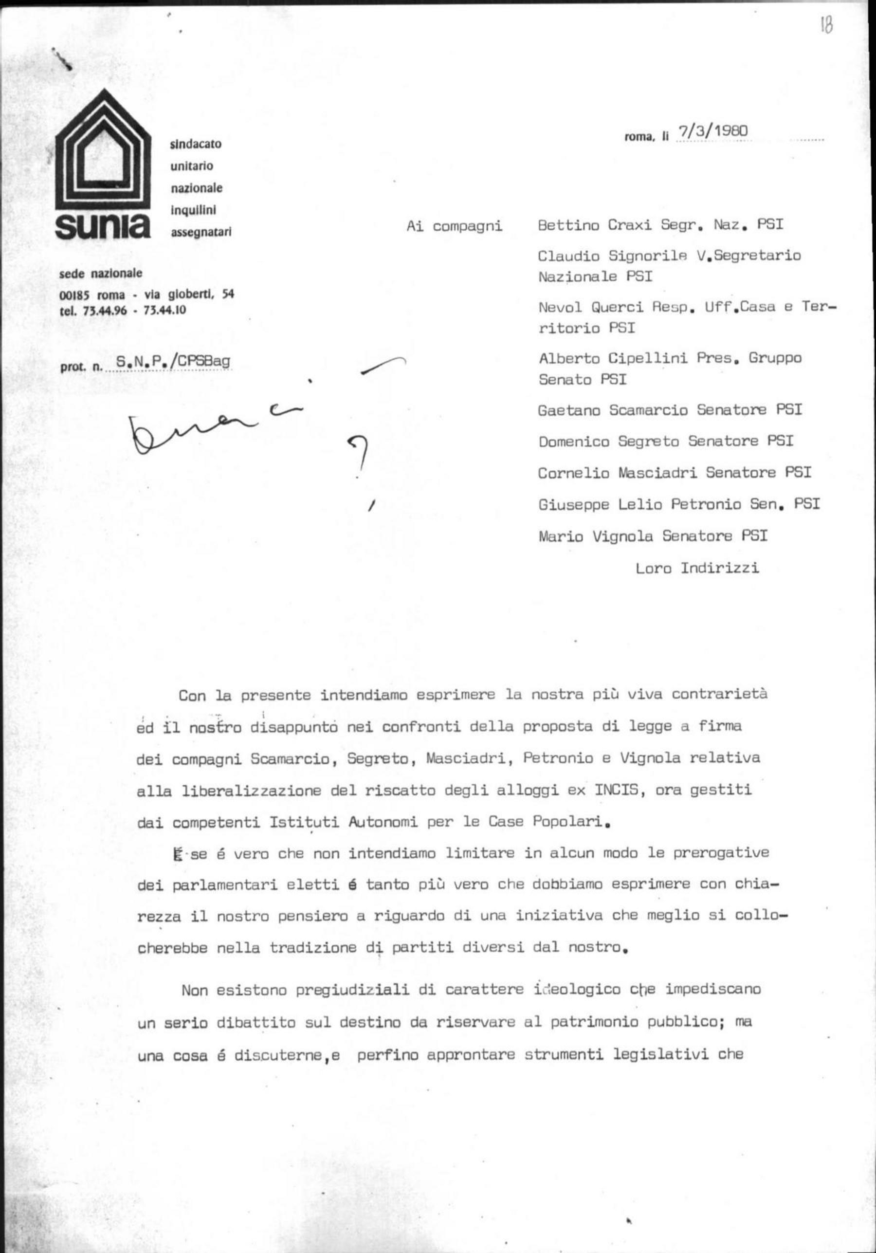 Silvano Bartocci e Carmelo Perrone del Sunia a Craxi, 7/3/1980