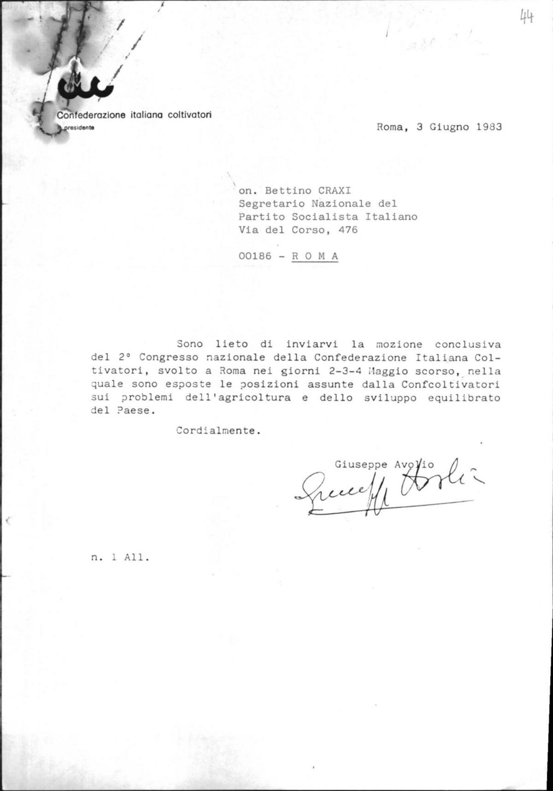 Giuseppe Avolio, presidente della Confcoltivatori, a Craxi, 3/6/1983