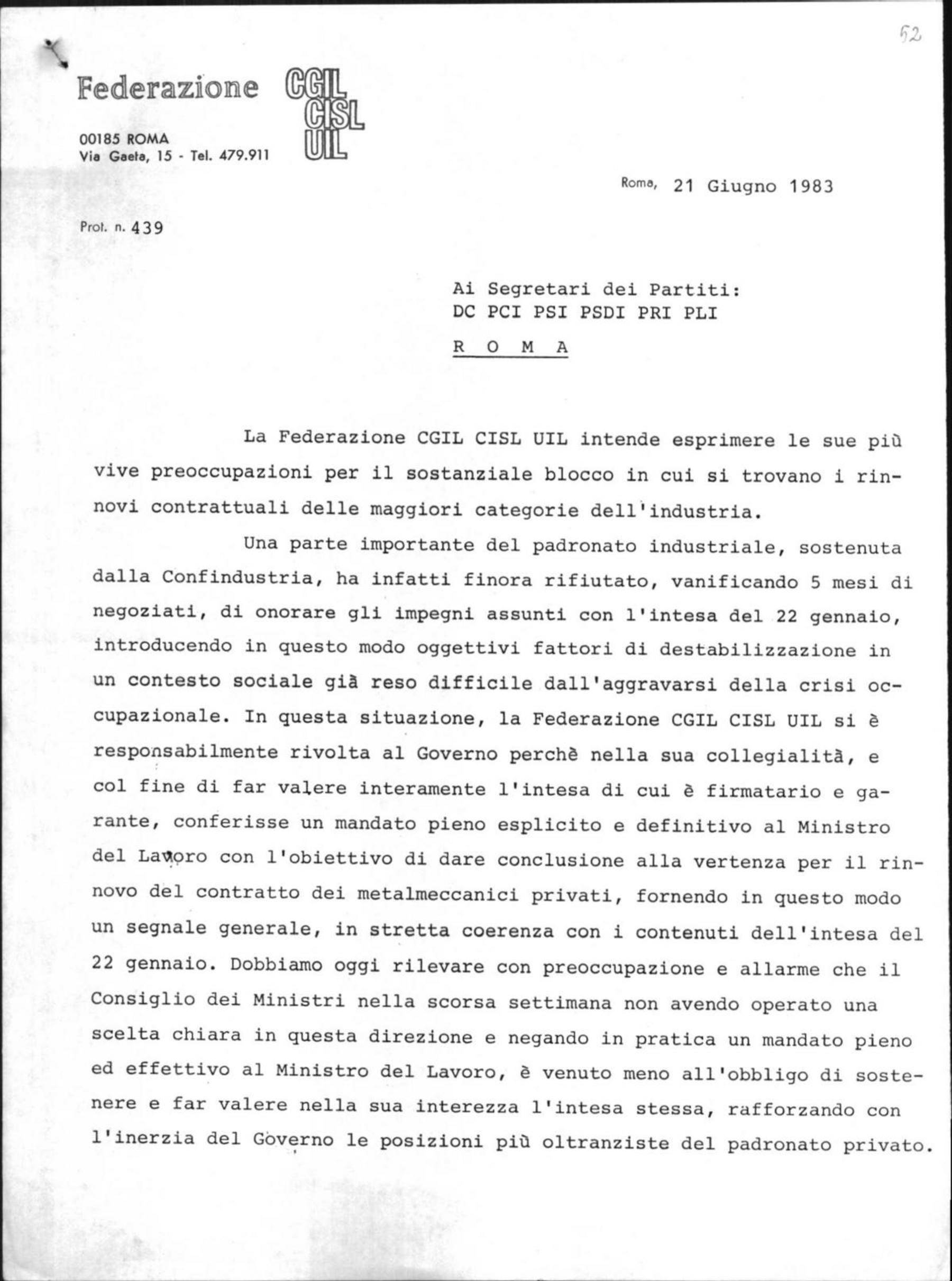 La Federazione Cgil-Cisl-Uil ai segretari politici di Dc, Pci, Psi, Psdi, Pri, Pli, 21/6/1983