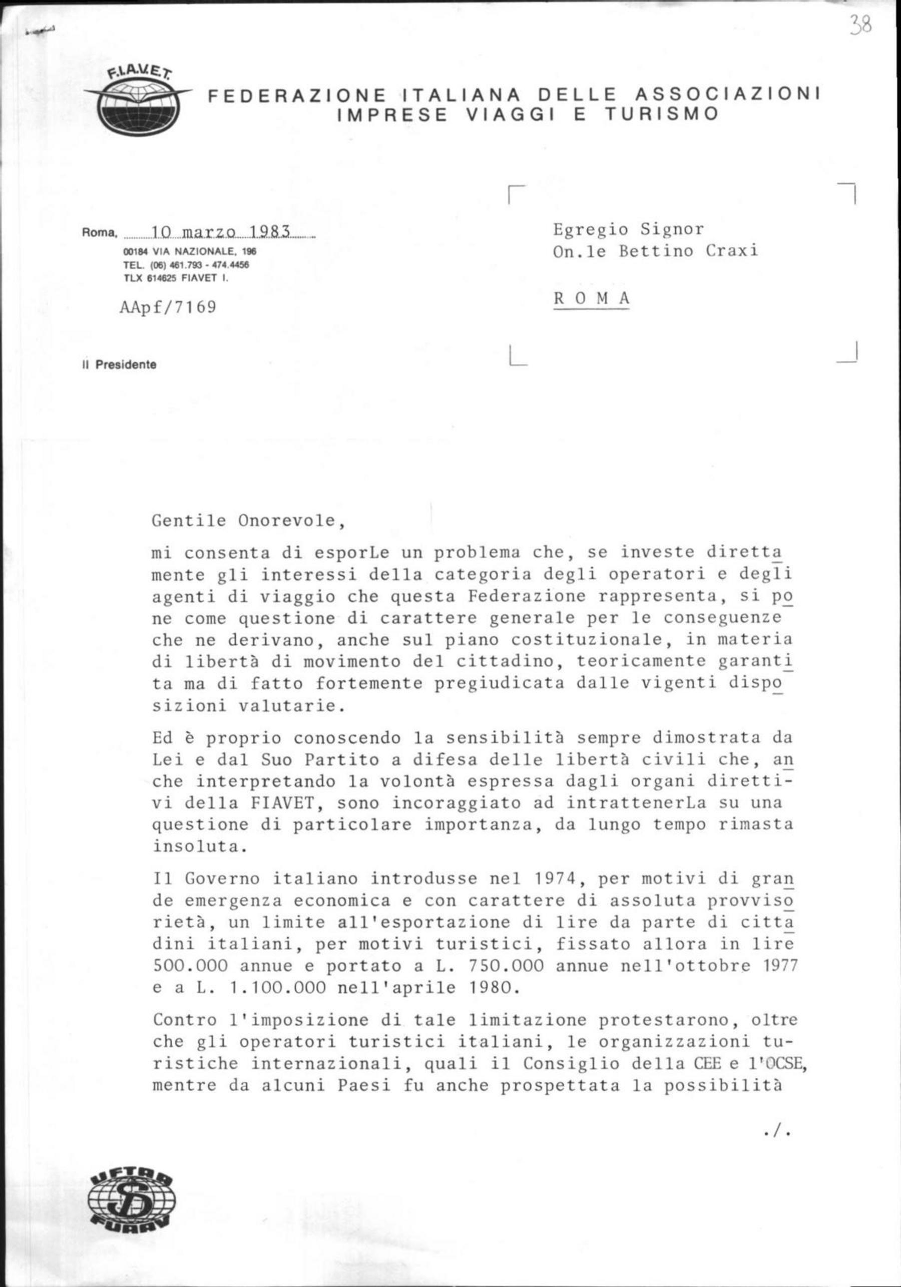 Giuliano Magnoni, presidente della Federazione italiana delle associazioni imprese viaggi e turismo, a Craxi, 10/3/1983