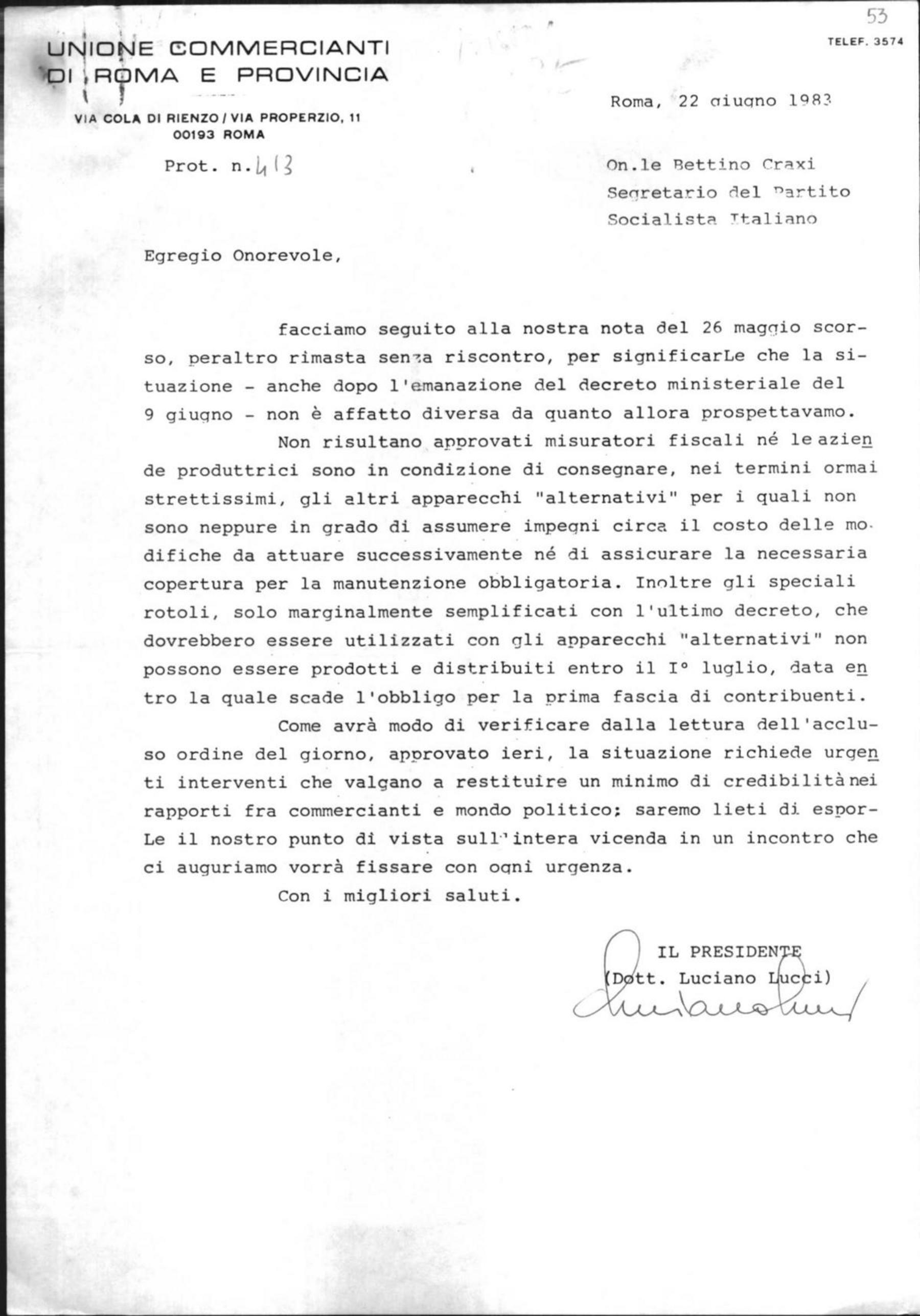 Luciano Lucci, presidente dell'Unione commercianti di Roma e provincia, a Craxi, 22/6/1983
