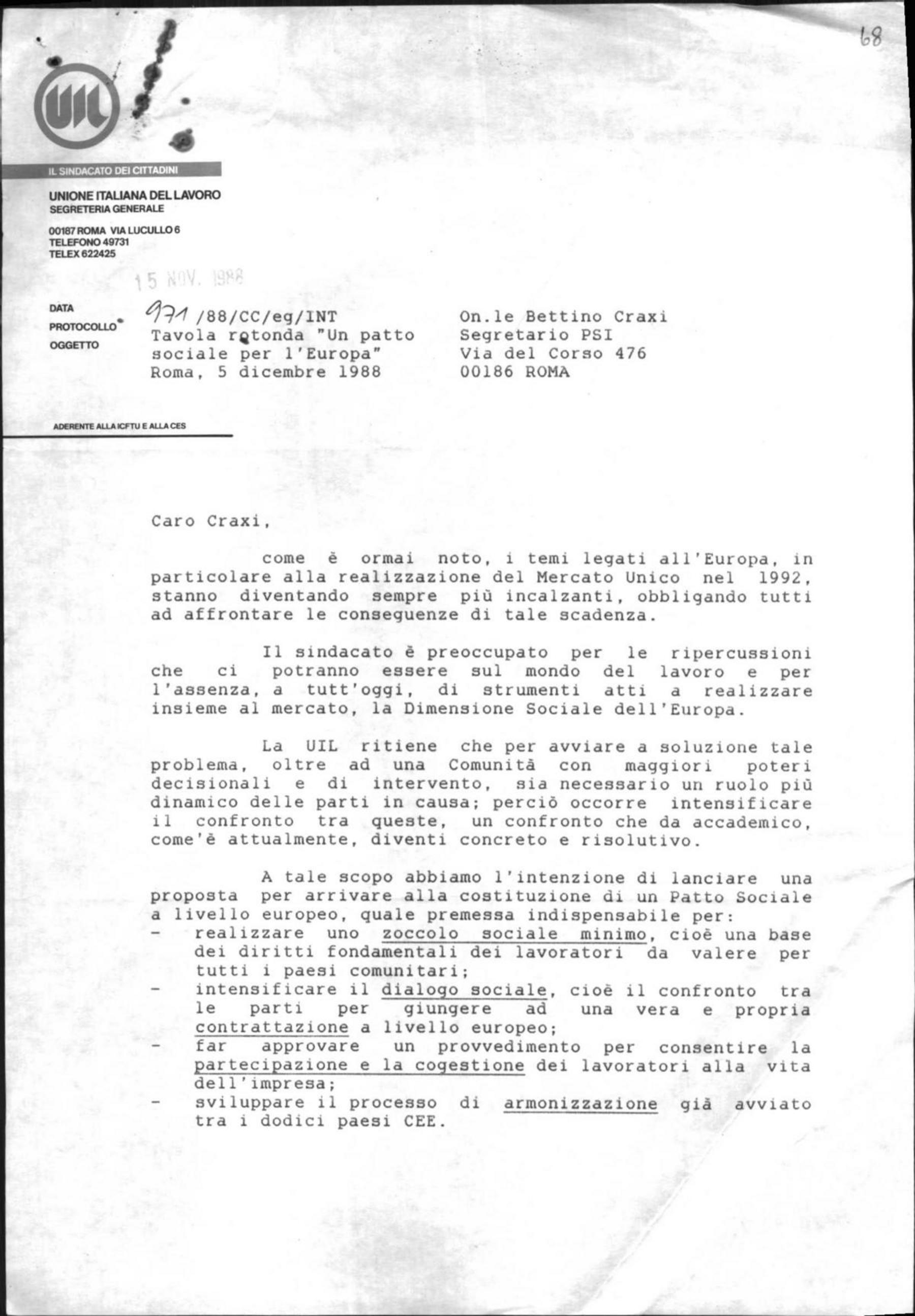 Giorgio Benvenuto, segretario generale della Uil, a Craxi, 15/11/1988