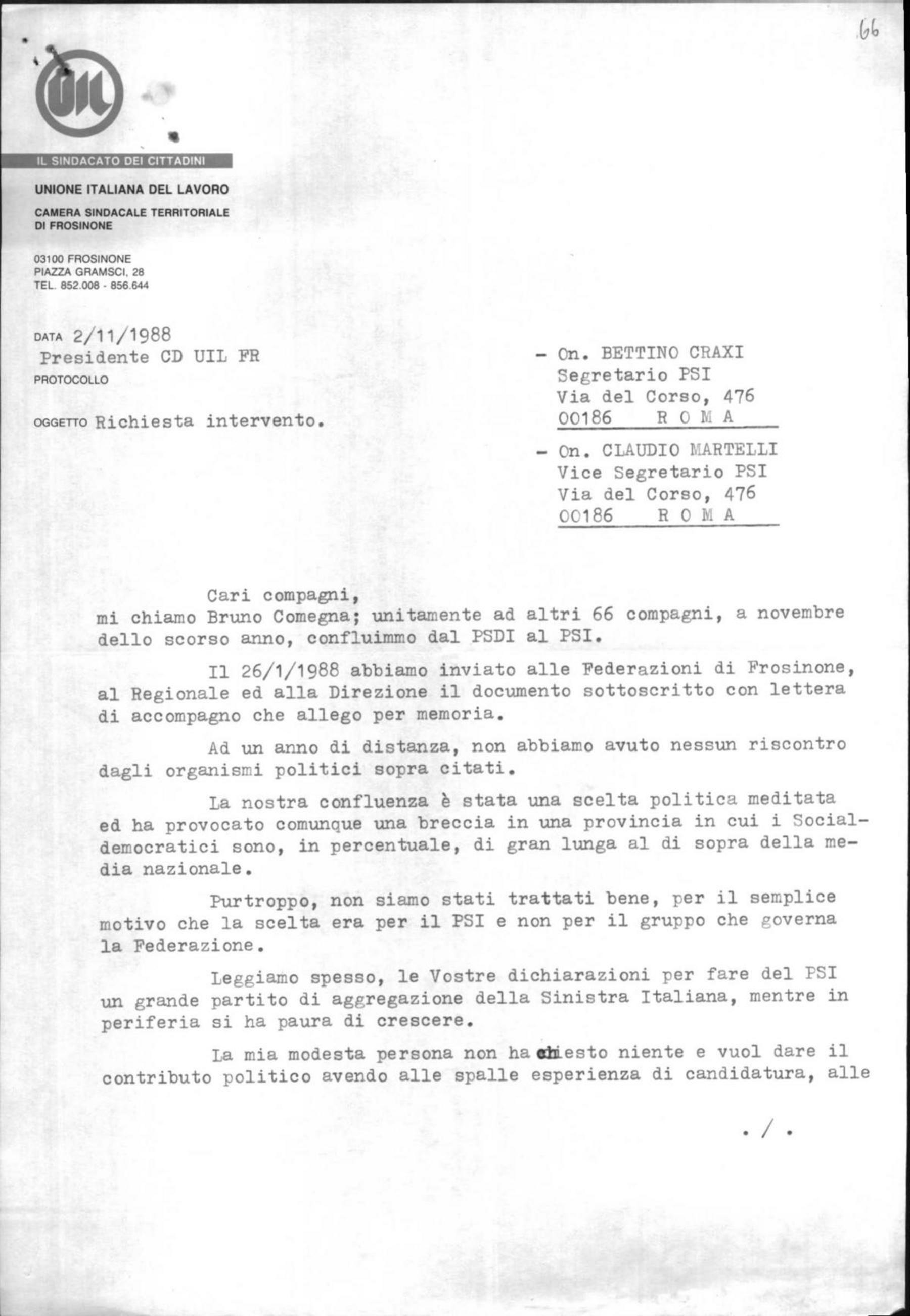 Bruno Comegna, presidente del comitato direttivo della Uil di Frosinone, a Craxi e Martelli, 2/11/1988