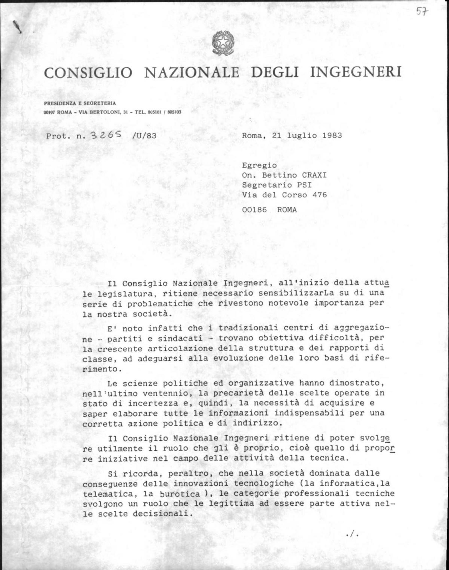 Consiglio nazionale degli ingegneri a Craxi, 21/7/1983