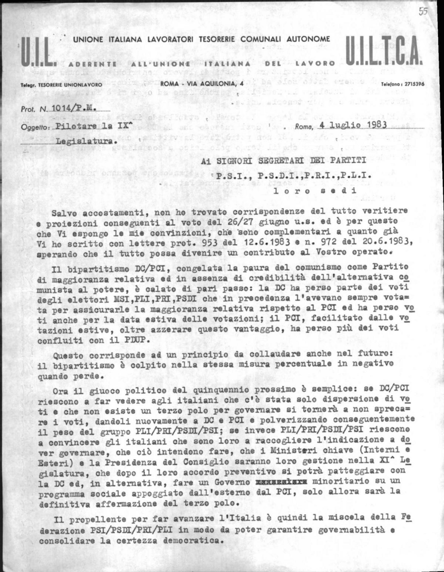 Alessandro Rocchi, segretario nazionale Uiltca, ai segretari politici del Psi, del Psdi, del Pri, del Pli, 4/7/1983