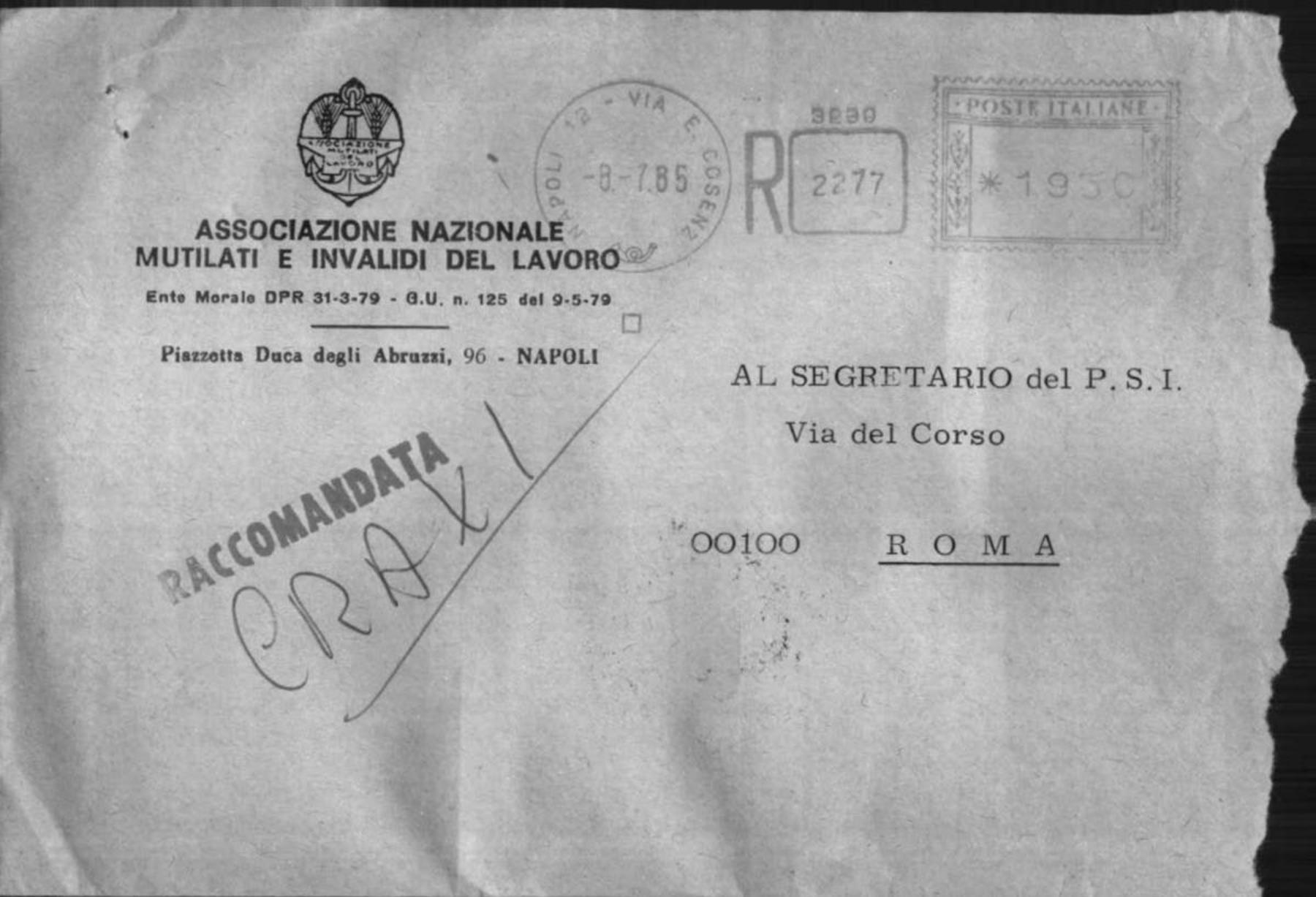 Raffaele Ievolella, presidente provinciale dell'Anmil, a Craxi, Marianetti e altri, 8/7/1985