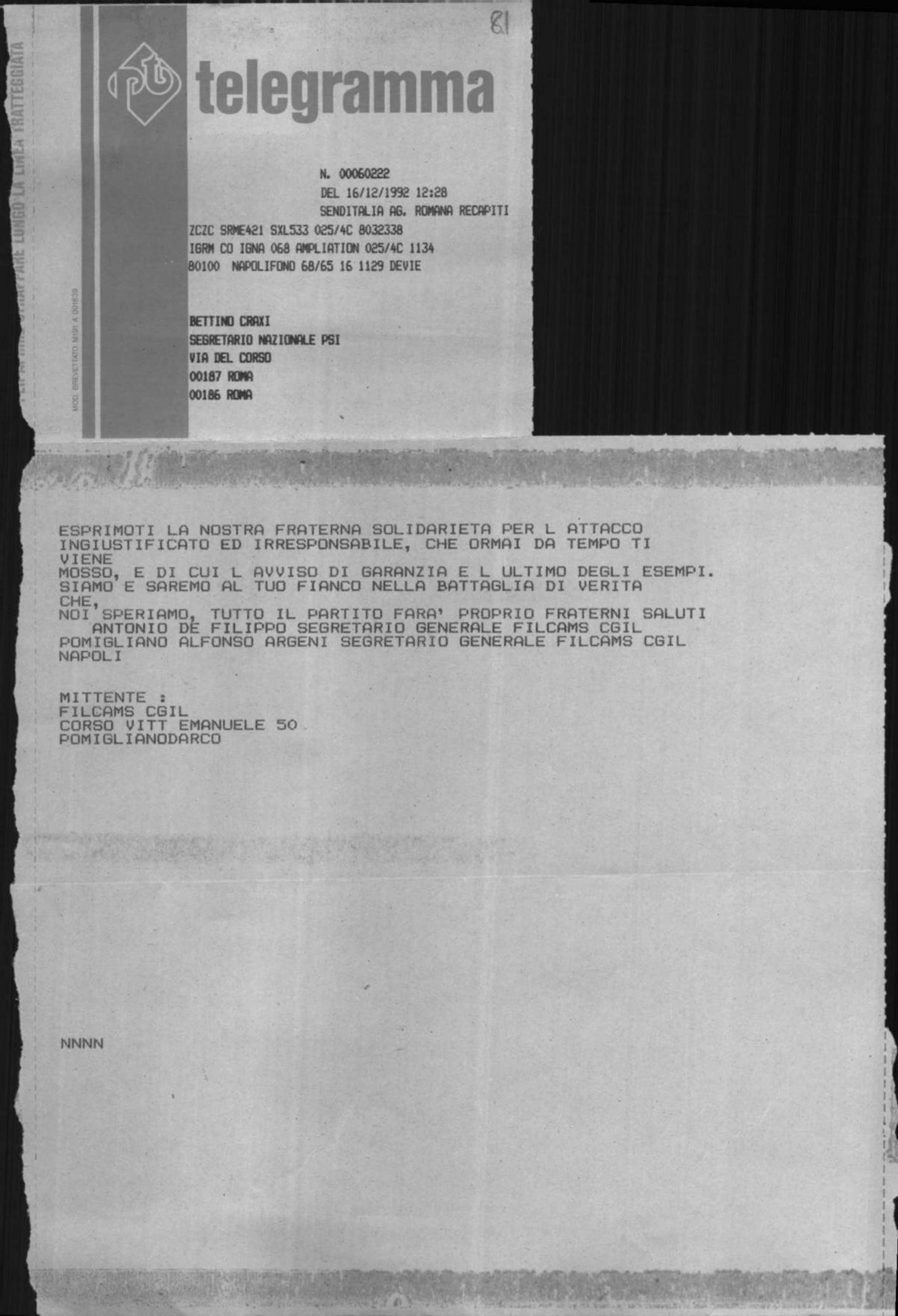 Antonio De Filippo e Alfonso Argeni a Craxi, 16/12/1992