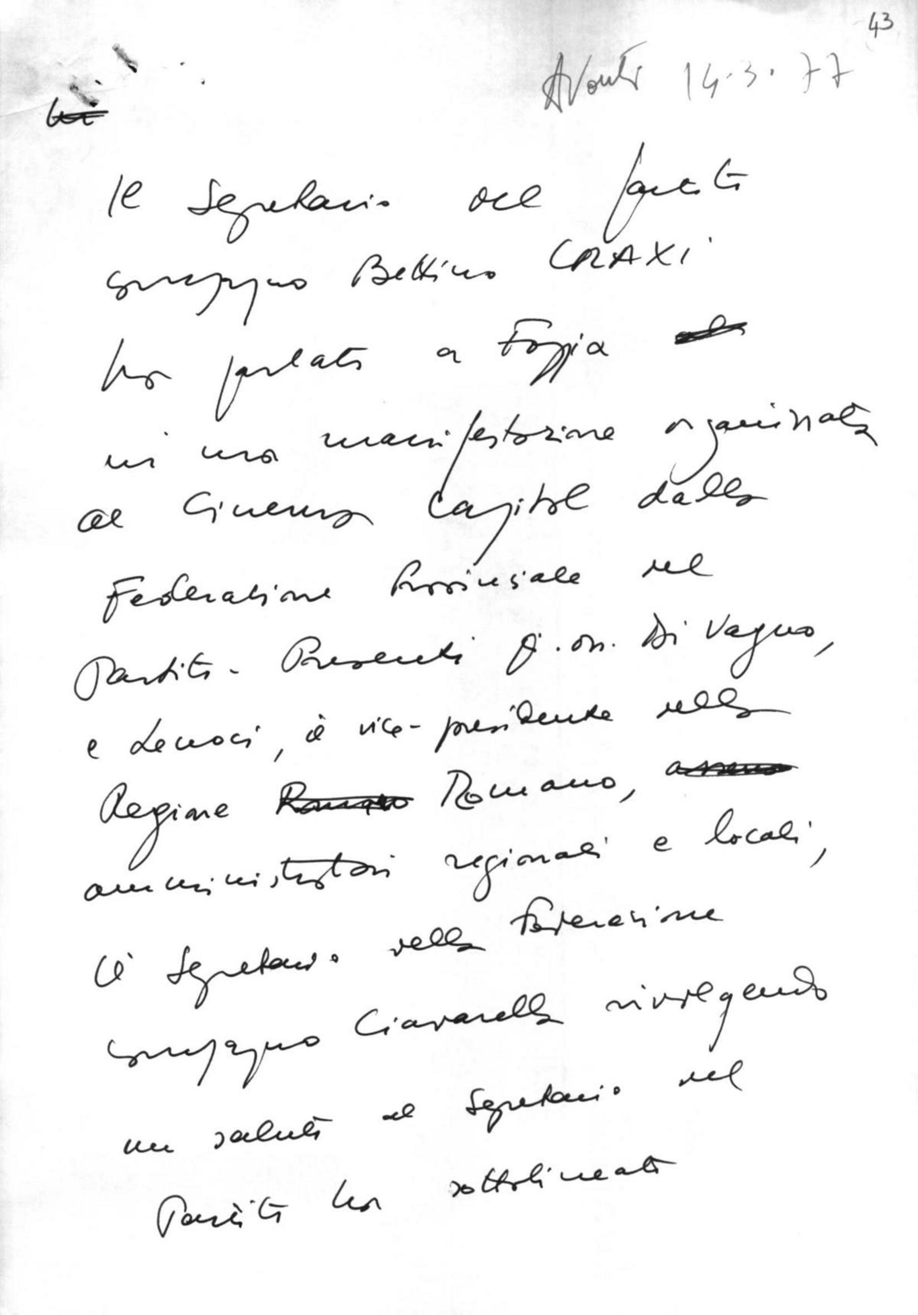 Partecipazione di Craxi a una manifestazione organizzata dalla Federazione provinciale di Foggia, 14/3/1977
