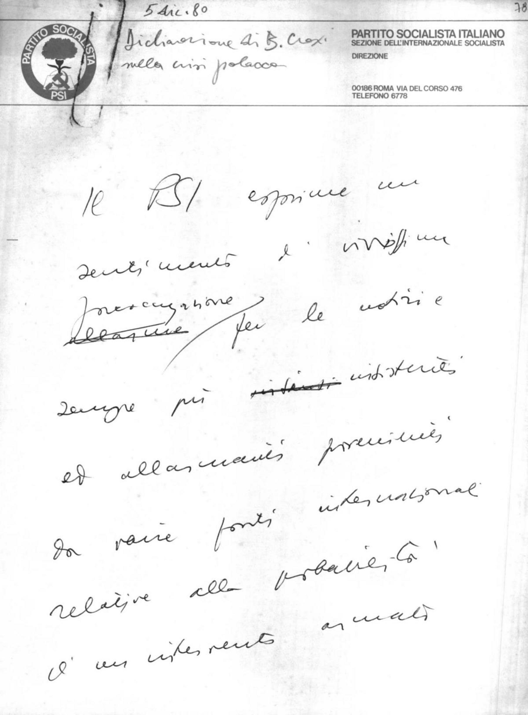 Dichiarazione di Craxi sulla crisi polacca, 5/12/1980