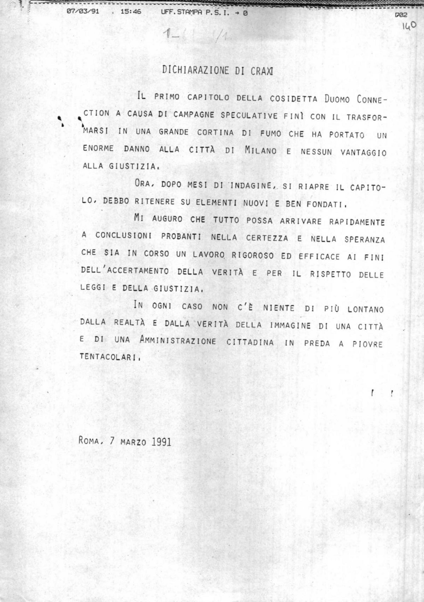 Dichiarazione di Craxi sulla cosiddetta Duomo connection, 7/3/1991